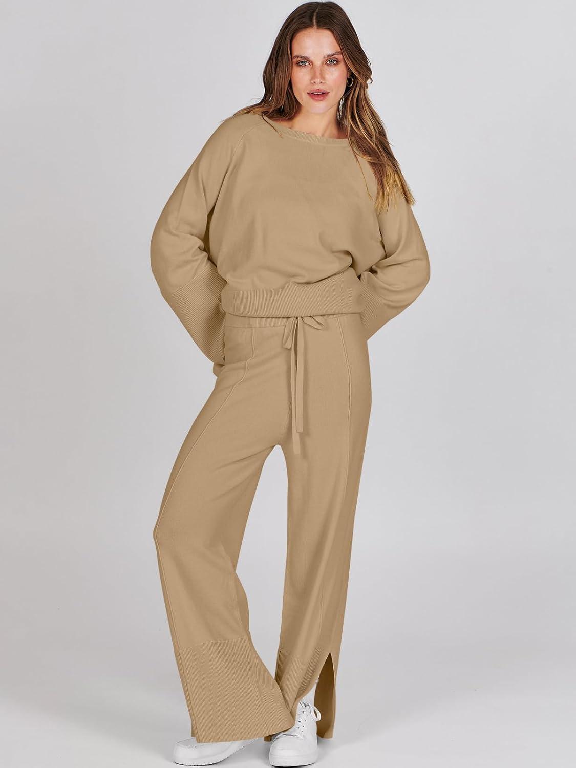 imageANRABESS Womens 2 Piece Outfits Oversized Knit Sweater Set Wide Leg Pant Cozy Lounge Matching Pajama Sets 2025 Trendy ClothesKhaki