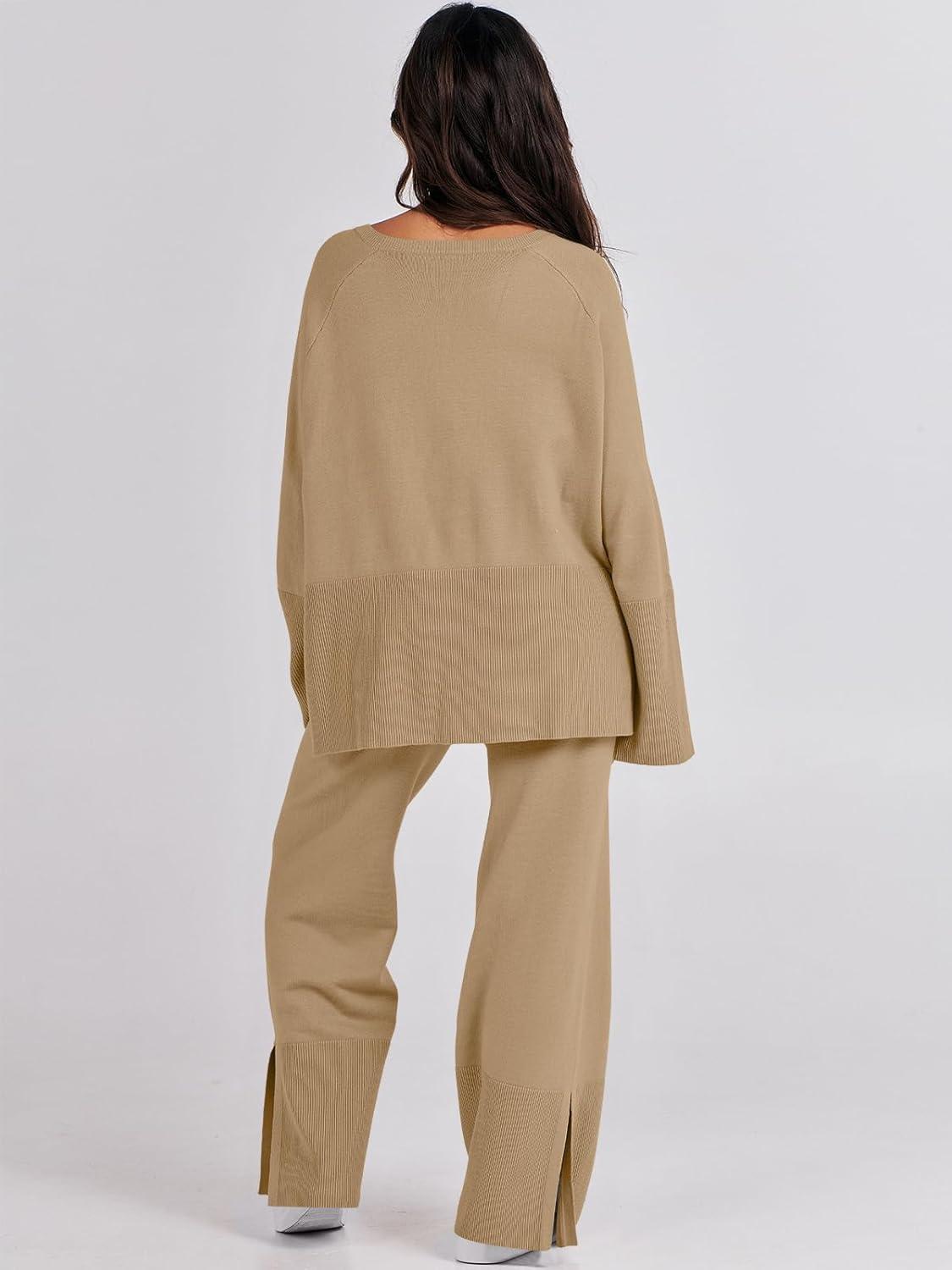 imageANRABESS Womens 2 Piece Outfits Oversized Knit Sweater Set Wide Leg Pant Cozy Lounge Matching Pajama Sets 2025 Trendy ClothesKhaki