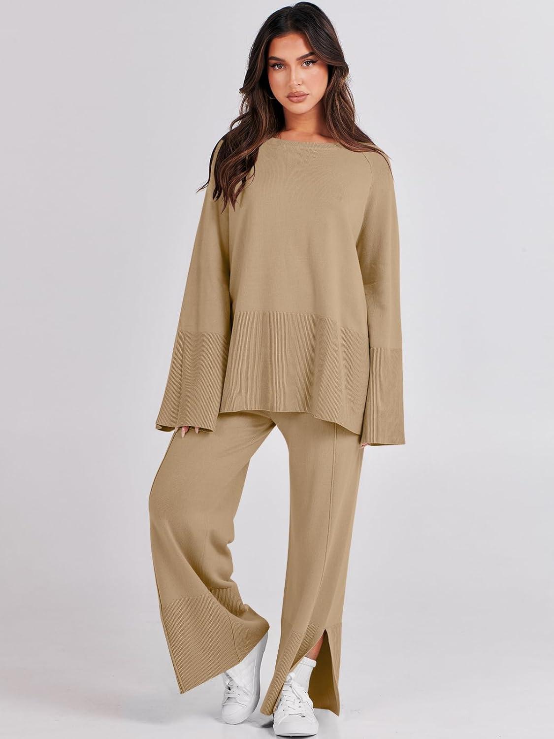 imageANRABESS Womens 2 Piece Outfits Oversized Knit Sweater Set Wide Leg Pant Cozy Lounge Matching Pajama Sets 2025 Trendy ClothesKhaki