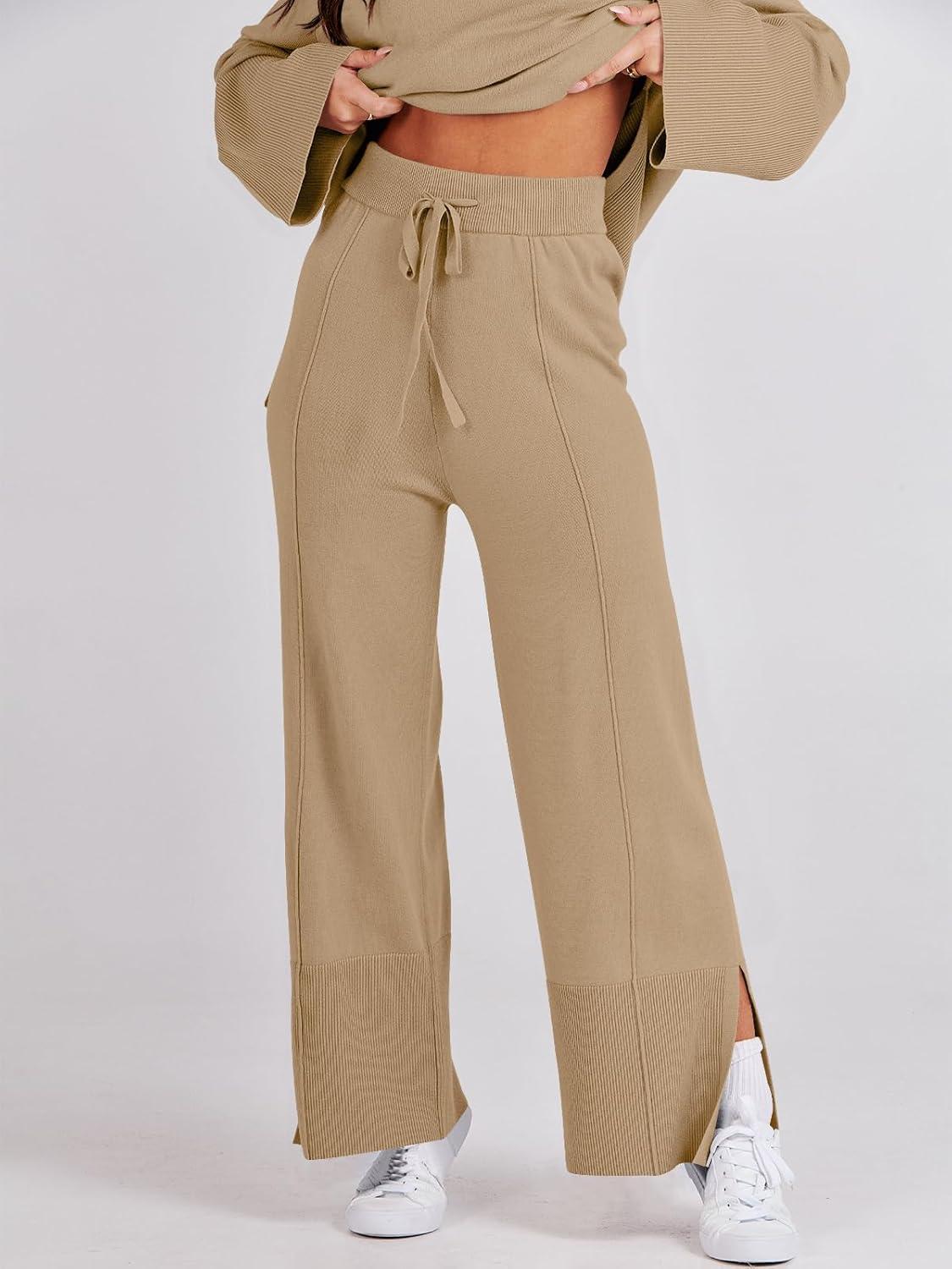 imageANRABESS Womens 2 Piece Outfits Oversized Knit Sweater Set Wide Leg Pant Cozy Lounge Matching Pajama Sets 2025 Trendy ClothesKhaki