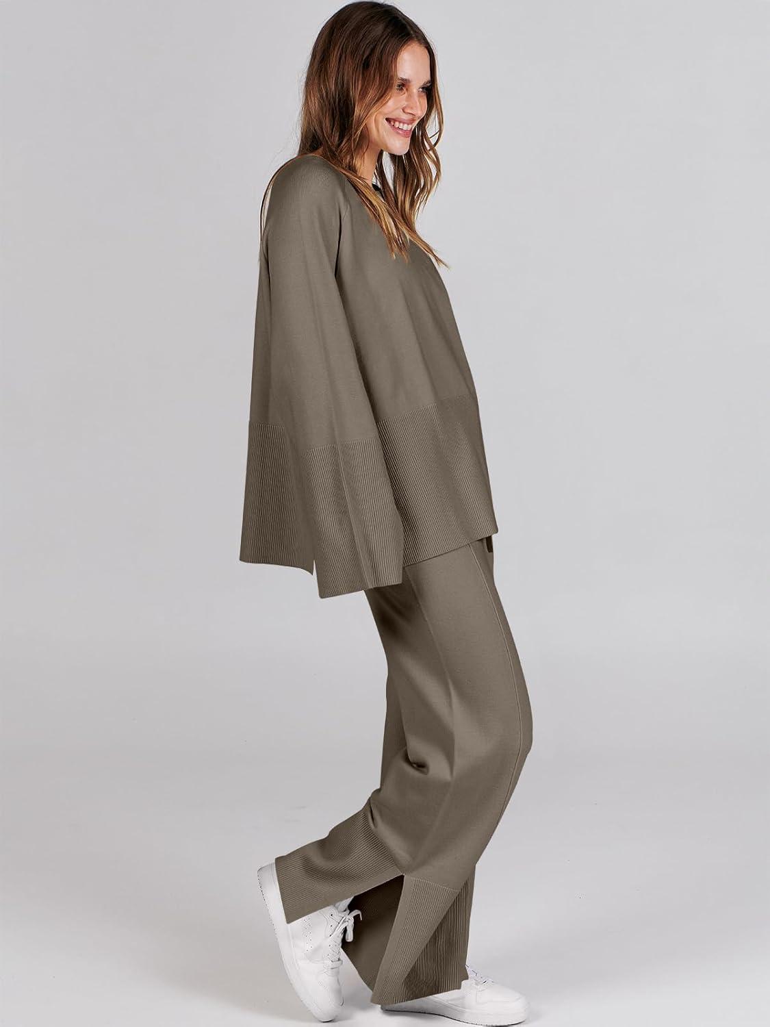 imageANRABESS Womens 2 Piece Outfits Oversized Knit Sweater Set Wide Leg Pant Cozy Lounge Matching Pajama Sets 2025 Trendy ClothesKhaki Green