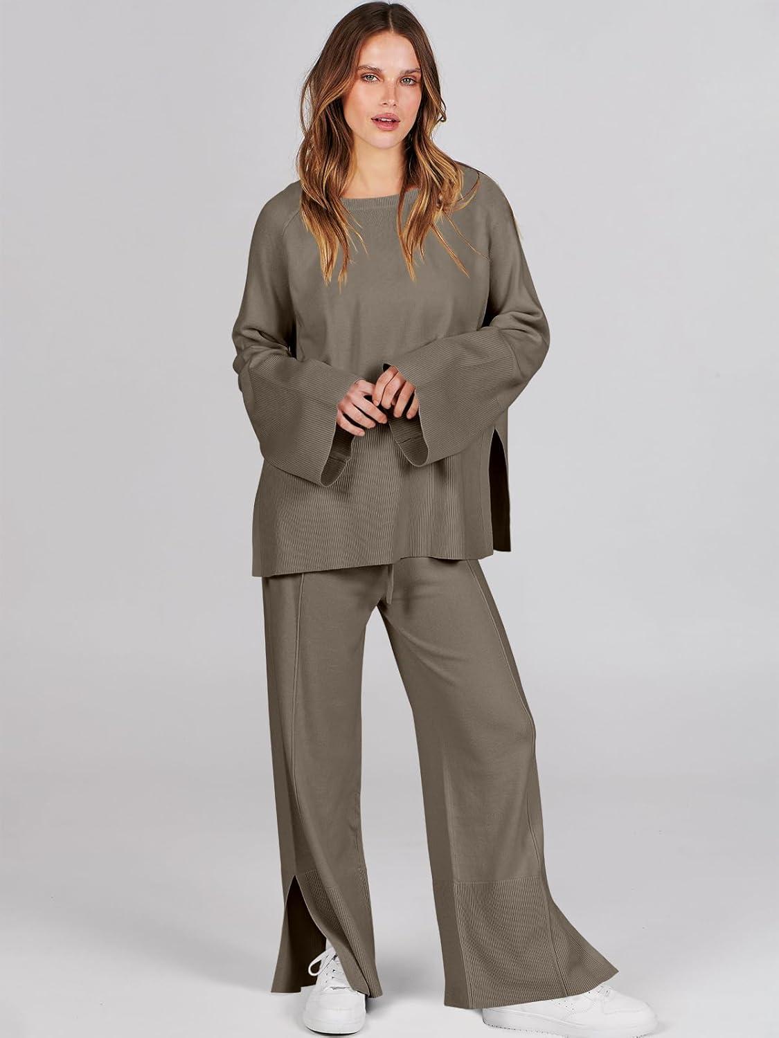 imageANRABESS Womens 2 Piece Outfits Oversized Knit Sweater Set Wide Leg Pant Cozy Lounge Matching Pajama Sets 2025 Trendy ClothesKhaki Green