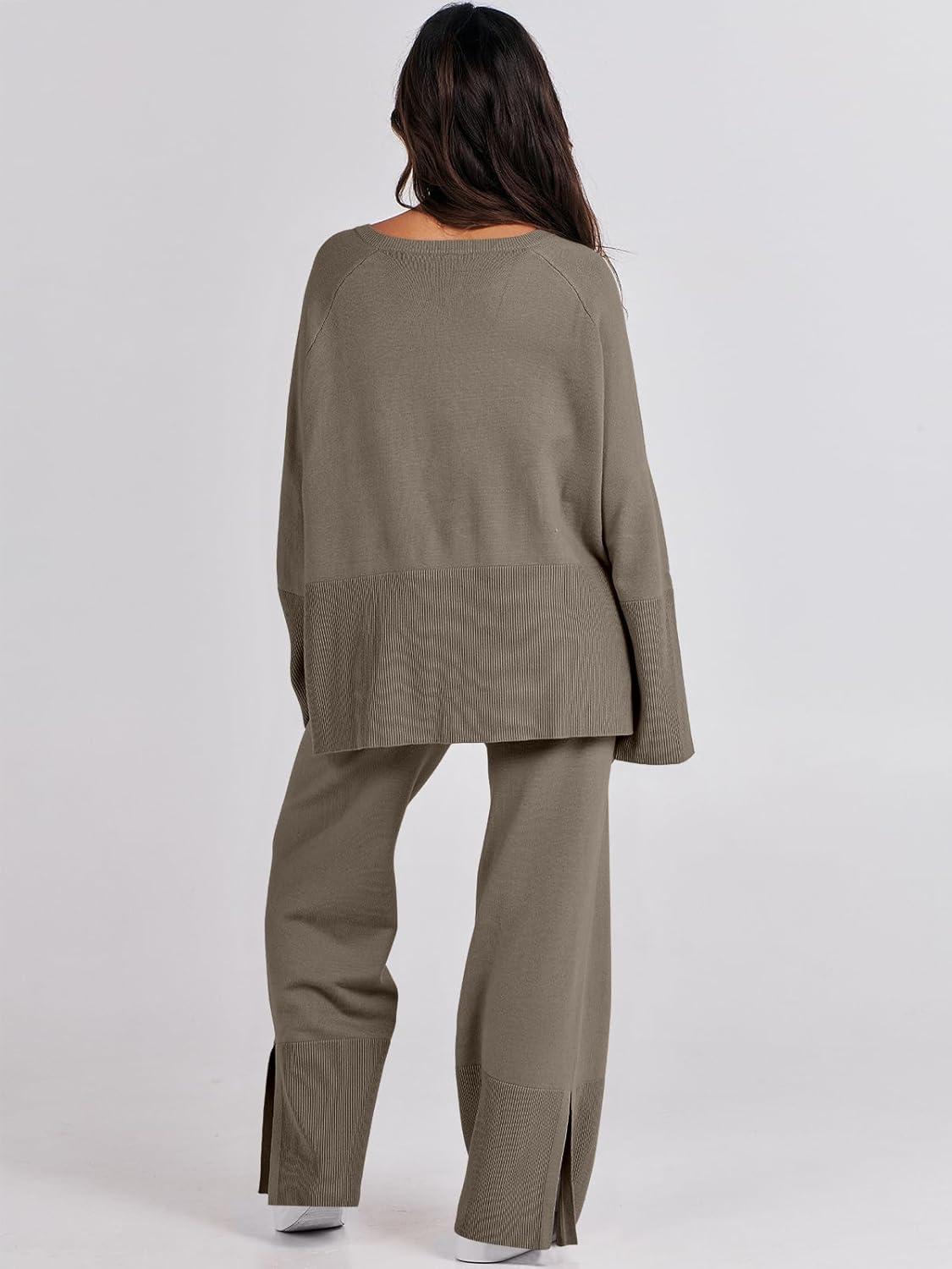 imageANRABESS Womens 2 Piece Outfits Oversized Knit Sweater Set Wide Leg Pant Cozy Lounge Matching Pajama Sets 2025 Trendy ClothesKhaki Green