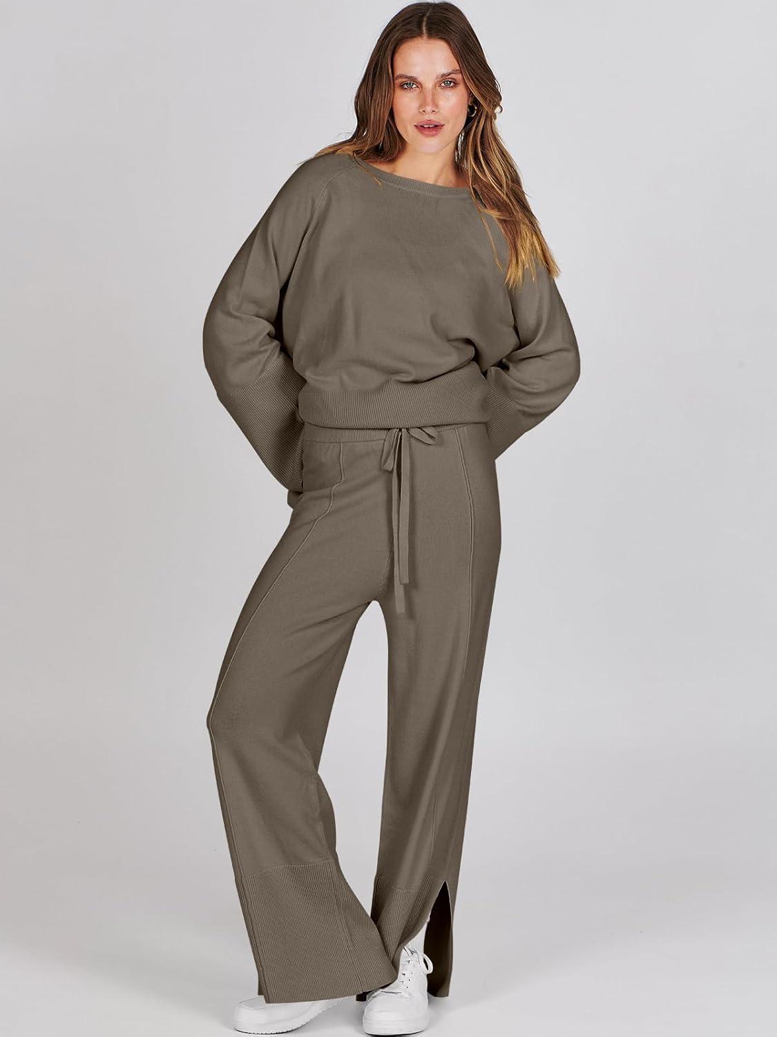 imageANRABESS Womens 2 Piece Outfits Oversized Knit Sweater Set Wide Leg Pant Cozy Lounge Matching Pajama Sets 2025 Trendy ClothesKhaki Green