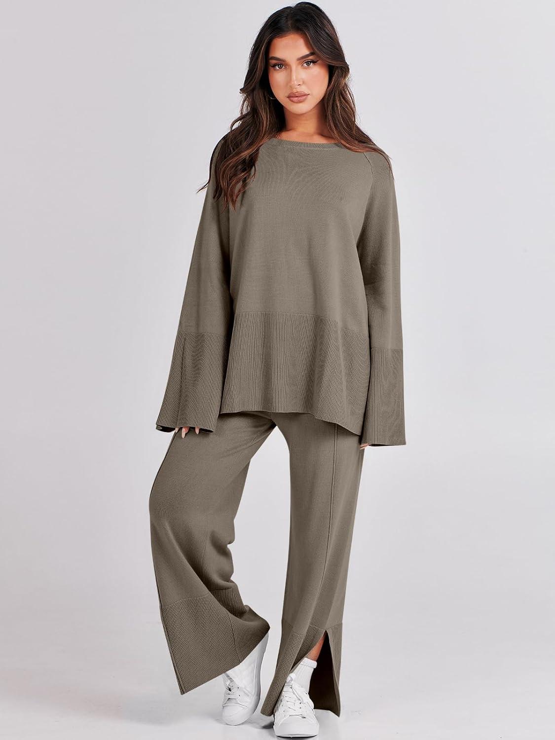 imageANRABESS Womens 2 Piece Outfits Oversized Knit Sweater Set Wide Leg Pant Cozy Lounge Matching Pajama Sets 2025 Trendy ClothesKhaki Green