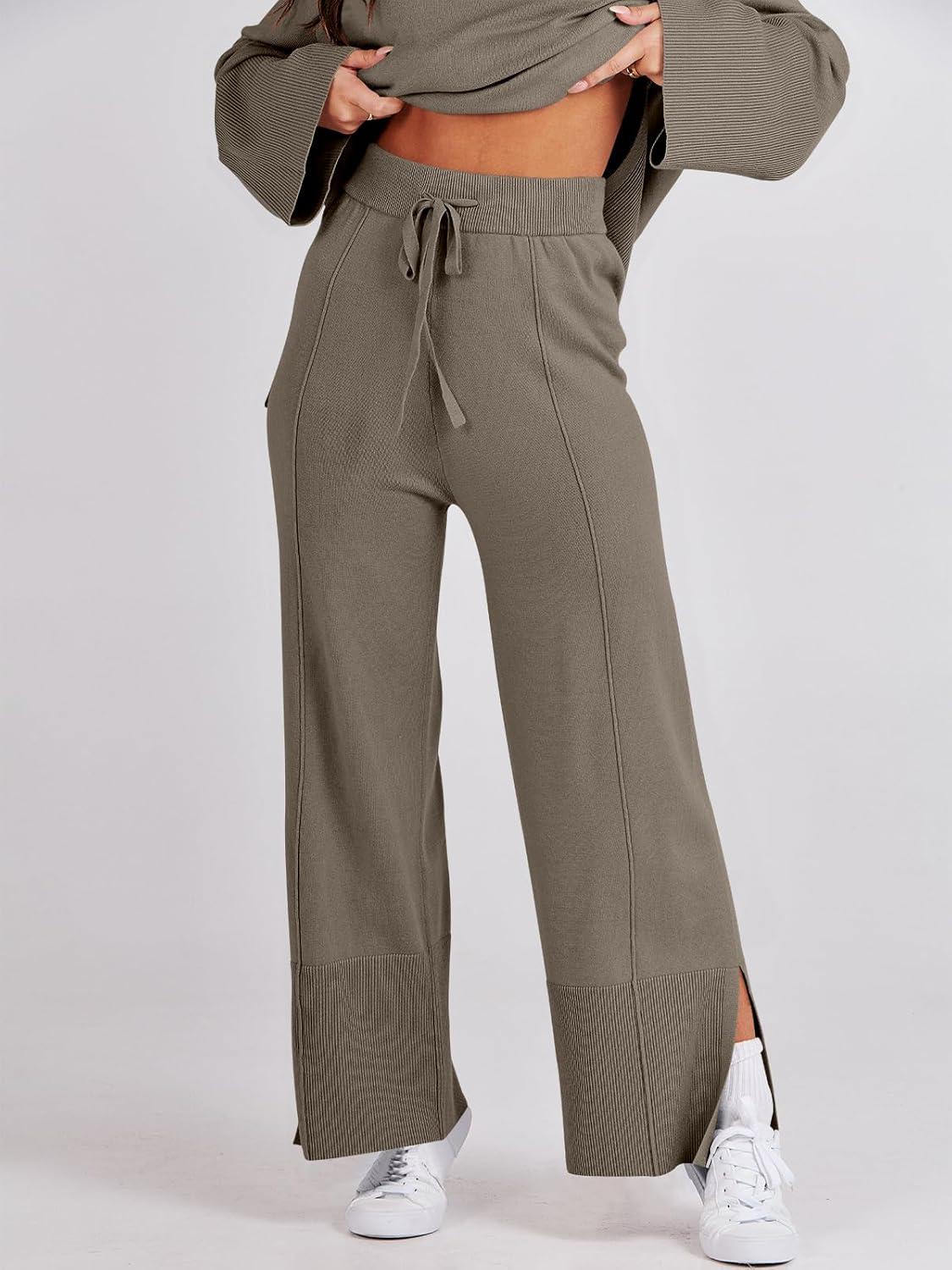 imageANRABESS Womens 2 Piece Outfits Oversized Knit Sweater Set Wide Leg Pant Cozy Lounge Matching Pajama Sets 2025 Trendy ClothesKhaki Green