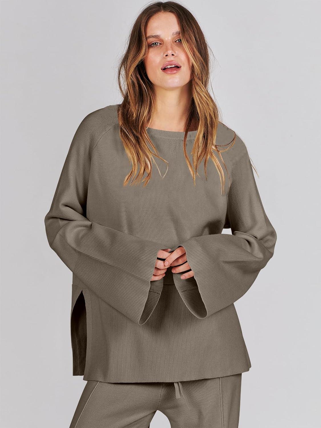 imageANRABESS Womens 2 Piece Outfits Oversized Knit Sweater Set Wide Leg Pant Cozy Lounge Matching Pajama Sets 2025 Trendy ClothesKhaki Green