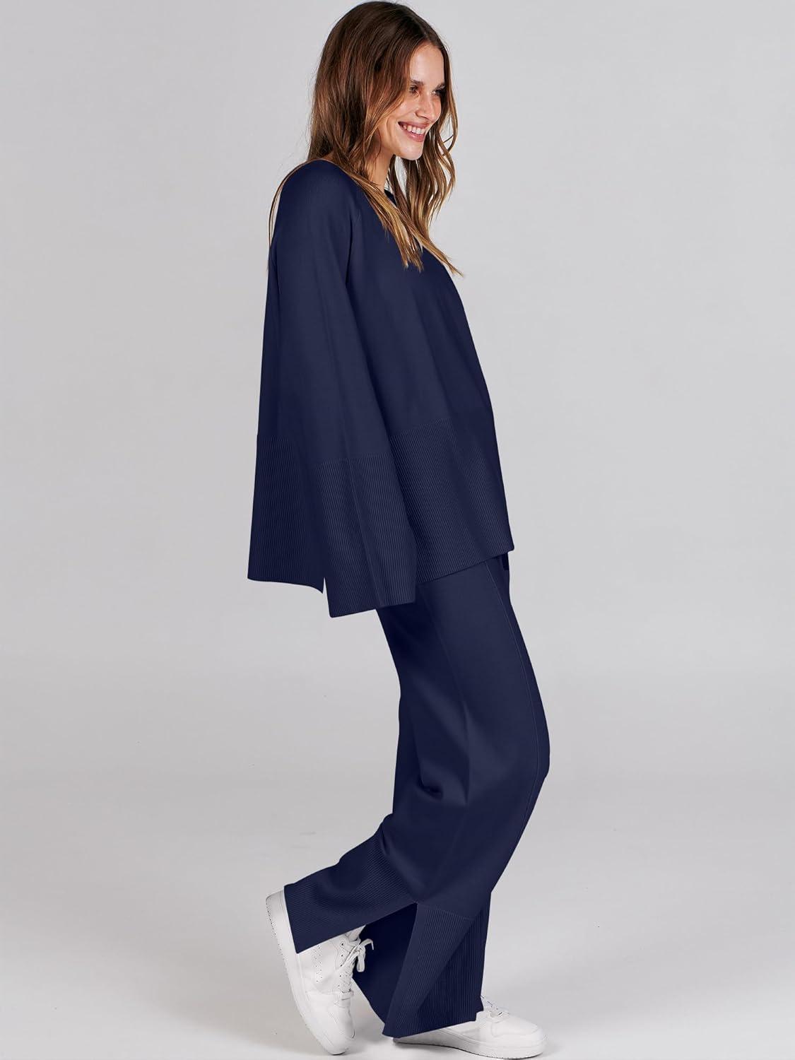 imageANRABESS Womens 2 Piece Outfits Oversized Knit Sweater Set Wide Leg Pant Cozy Lounge Matching Pajama Sets 2025 Trendy ClothesNavy Blue