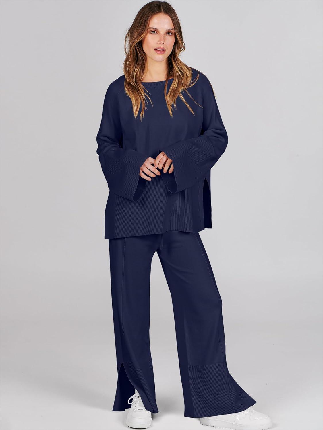 imageANRABESS Womens 2 Piece Outfits Oversized Knit Sweater Set Wide Leg Pant Cozy Lounge Matching Pajama Sets 2025 Trendy ClothesNavy Blue