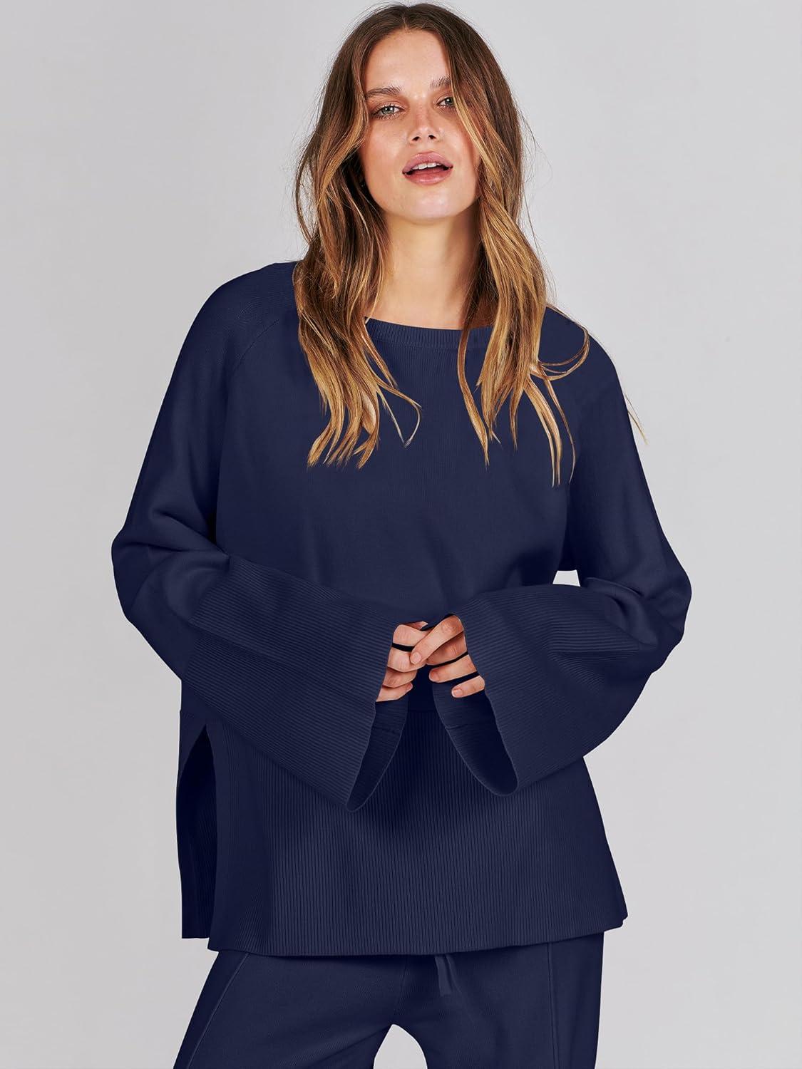 imageANRABESS Womens 2 Piece Outfits Oversized Knit Sweater Set Wide Leg Pant Cozy Lounge Matching Pajama Sets 2025 Trendy ClothesNavy Blue