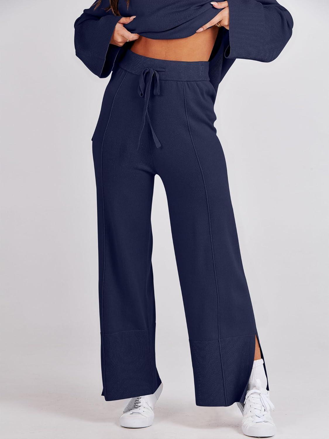 imageANRABESS Womens 2 Piece Outfits Oversized Knit Sweater Set Wide Leg Pant Cozy Lounge Matching Pajama Sets 2025 Trendy ClothesNavy Blue