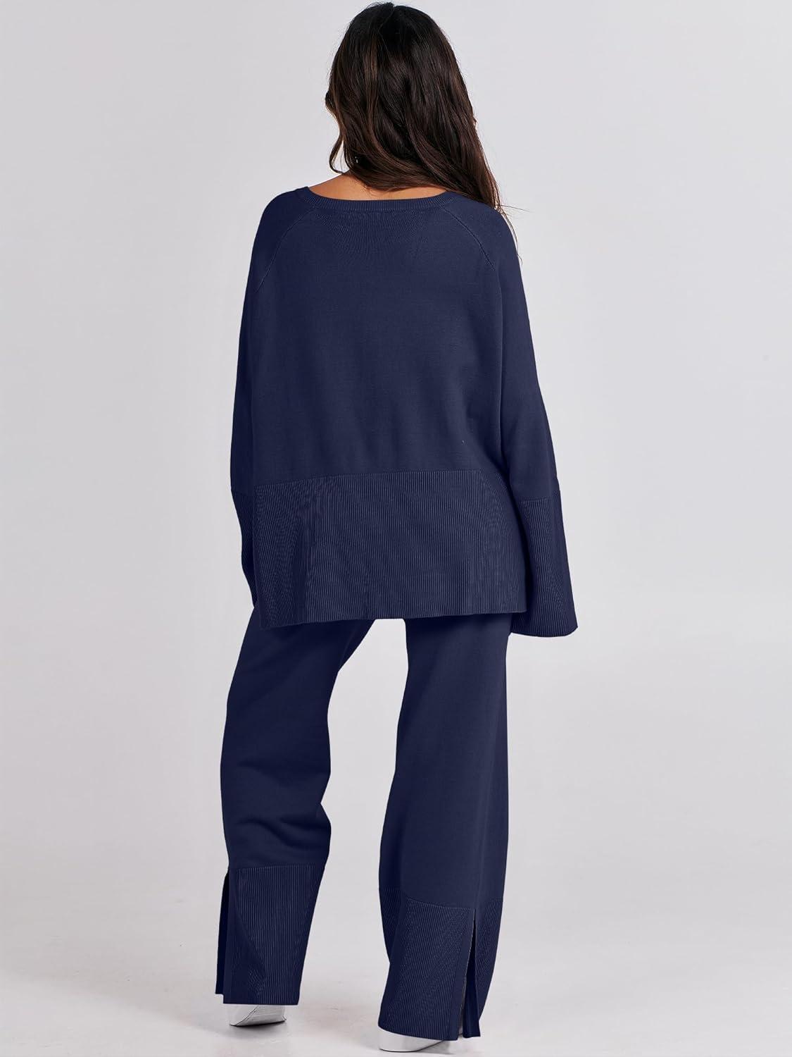 imageANRABESS Womens 2 Piece Outfits Oversized Knit Sweater Set Wide Leg Pant Cozy Lounge Matching Pajama Sets 2025 Trendy ClothesNavy Blue