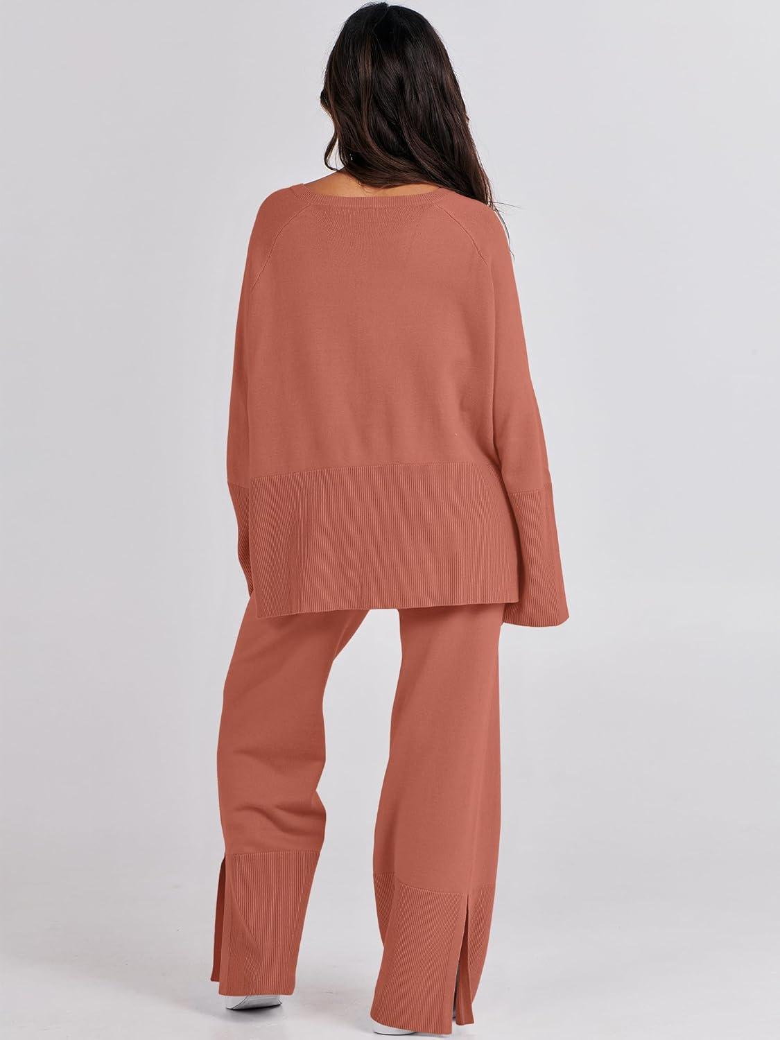 imageANRABESS Womens 2 Piece Outfits Oversized Knit Sweater Set Wide Leg Pant Cozy Lounge Matching Pajama Sets 2025 Trendy ClothesRust