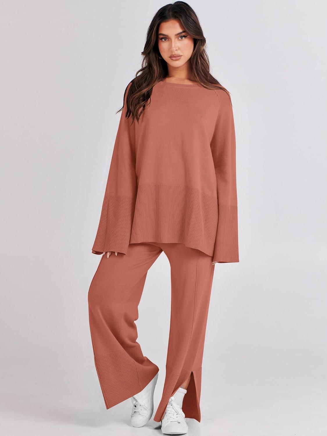 imageANRABESS Womens 2 Piece Outfits Oversized Knit Sweater Set Wide Leg Pant Cozy Lounge Matching Pajama Sets 2025 Trendy ClothesRust