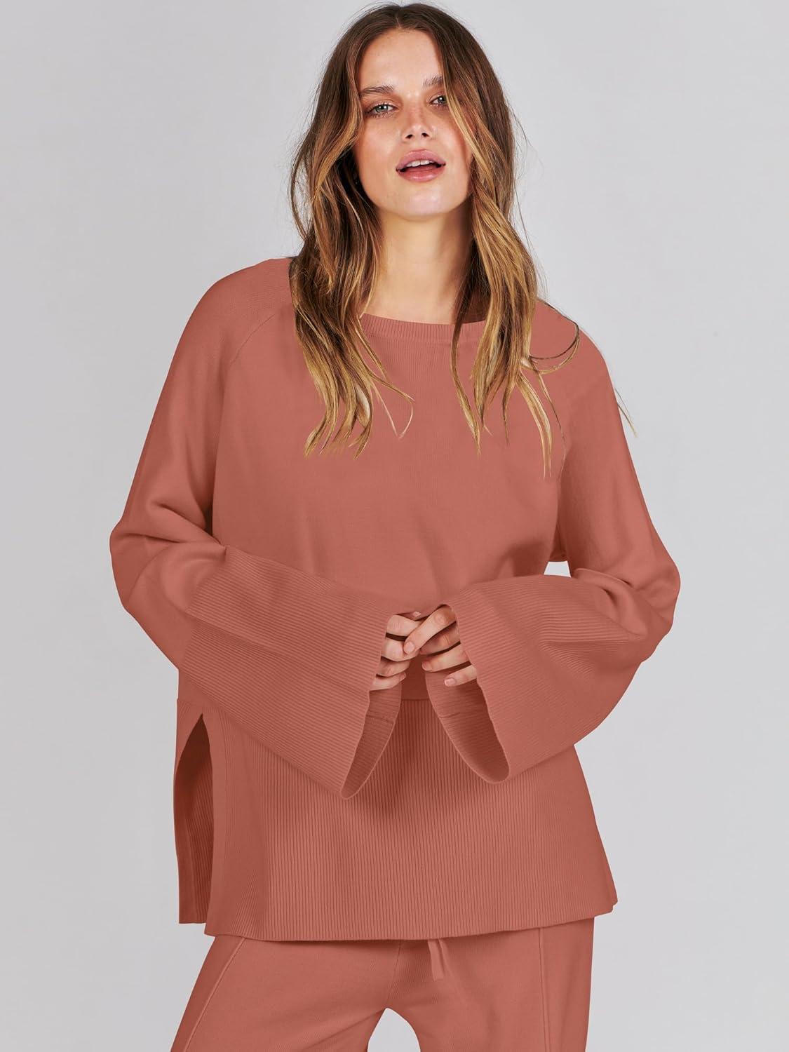 imageANRABESS Womens 2 Piece Outfits Oversized Knit Sweater Set Wide Leg Pant Cozy Lounge Matching Pajama Sets 2025 Trendy ClothesRust