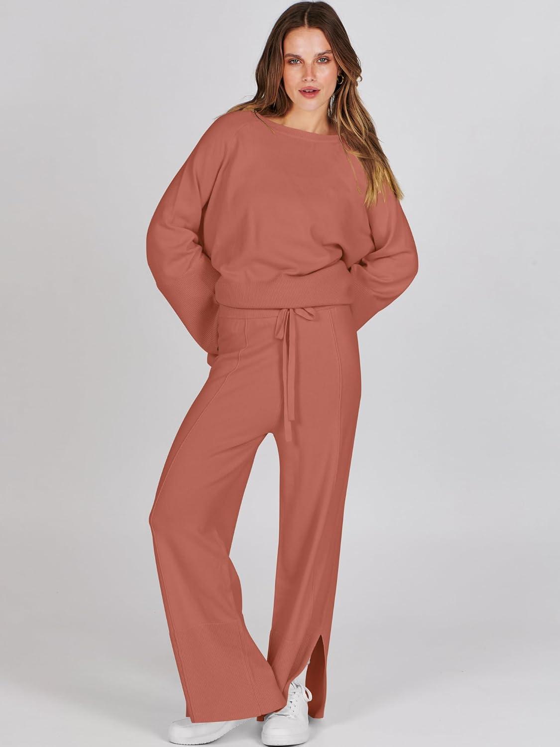 imageANRABESS Womens 2 Piece Outfits Oversized Knit Sweater Set Wide Leg Pant Cozy Lounge Matching Pajama Sets 2025 Trendy ClothesRust