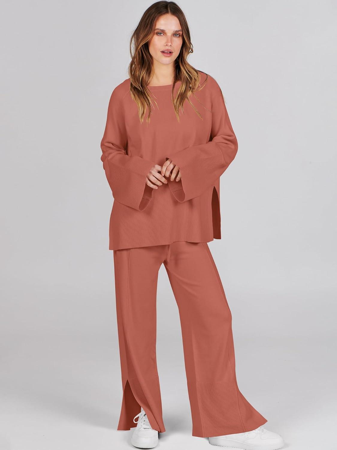 imageANRABESS Womens 2 Piece Outfits Oversized Knit Sweater Set Wide Leg Pant Cozy Lounge Matching Pajama Sets 2025 Trendy ClothesRust