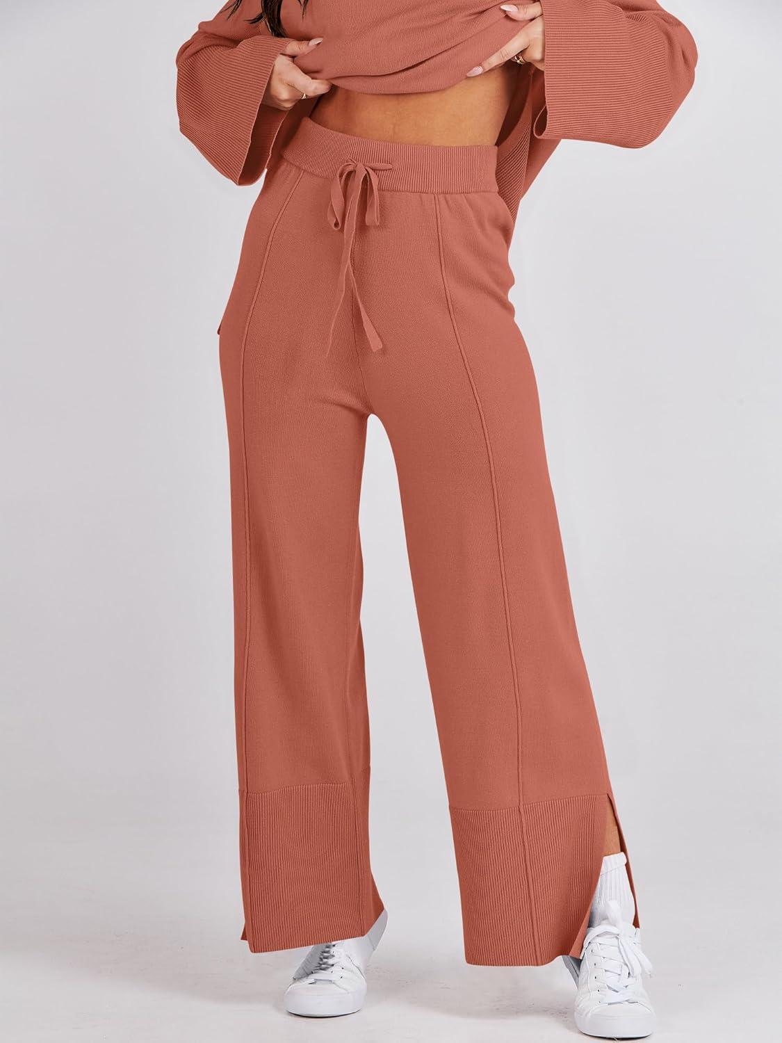 imageANRABESS Womens 2 Piece Outfits Oversized Knit Sweater Set Wide Leg Pant Cozy Lounge Matching Pajama Sets 2025 Trendy ClothesRust