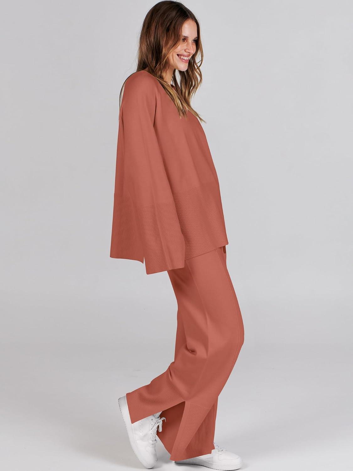 imageANRABESS Womens 2 Piece Outfits Oversized Knit Sweater Set Wide Leg Pant Cozy Lounge Matching Pajama Sets 2025 Trendy ClothesRust