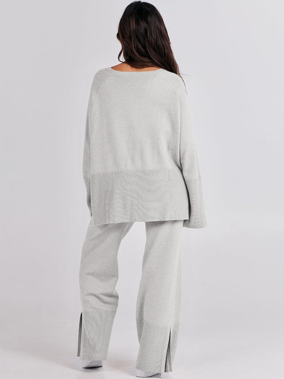 imageANRABESS Womens 2 Piece Outfits Oversized Knit Sweater Set Wide Leg Pant Cozy Lounge Matching Pajama Sets 2025 Trendy ClothesSmoky Gray