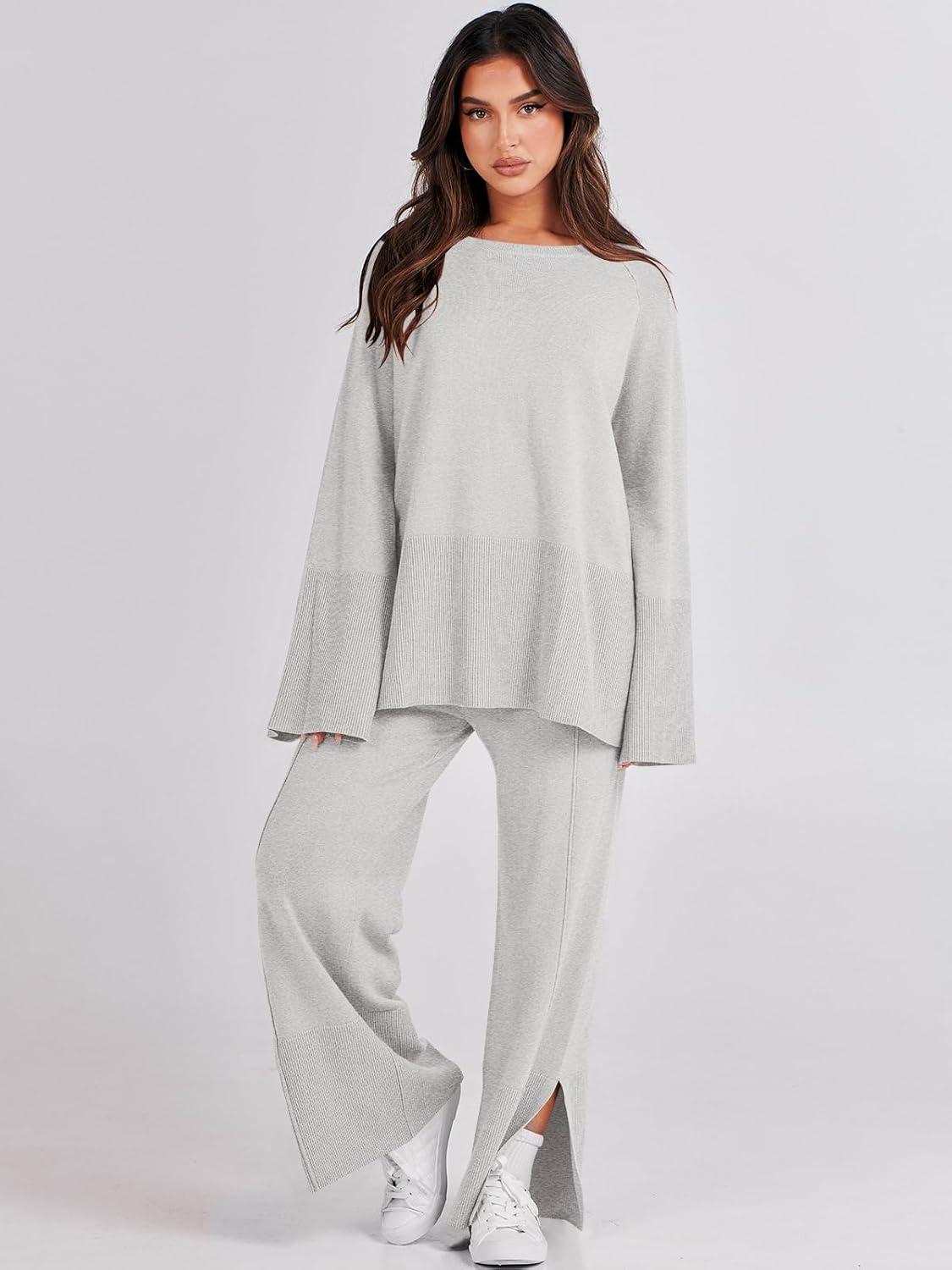 imageANRABESS Womens 2 Piece Outfits Oversized Knit Sweater Set Wide Leg Pant Cozy Lounge Matching Pajama Sets 2025 Trendy ClothesSmoky Gray