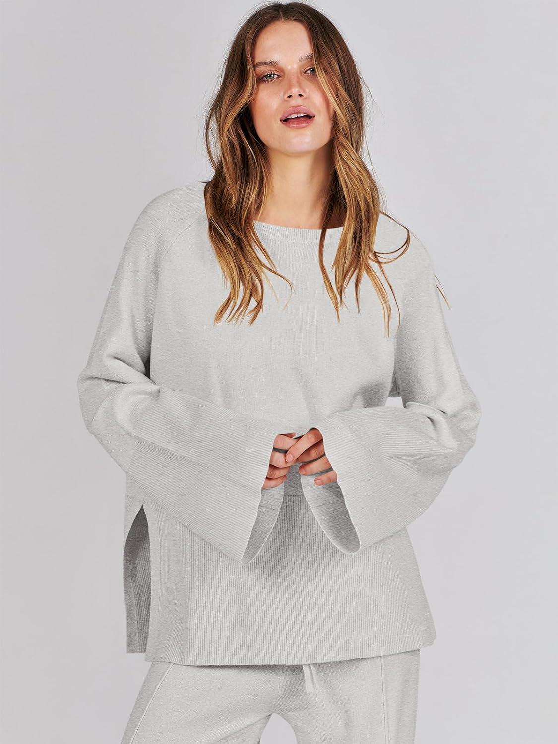 imageANRABESS Womens 2 Piece Outfits Oversized Knit Sweater Set Wide Leg Pant Cozy Lounge Matching Pajama Sets 2025 Trendy ClothesSmoky Gray