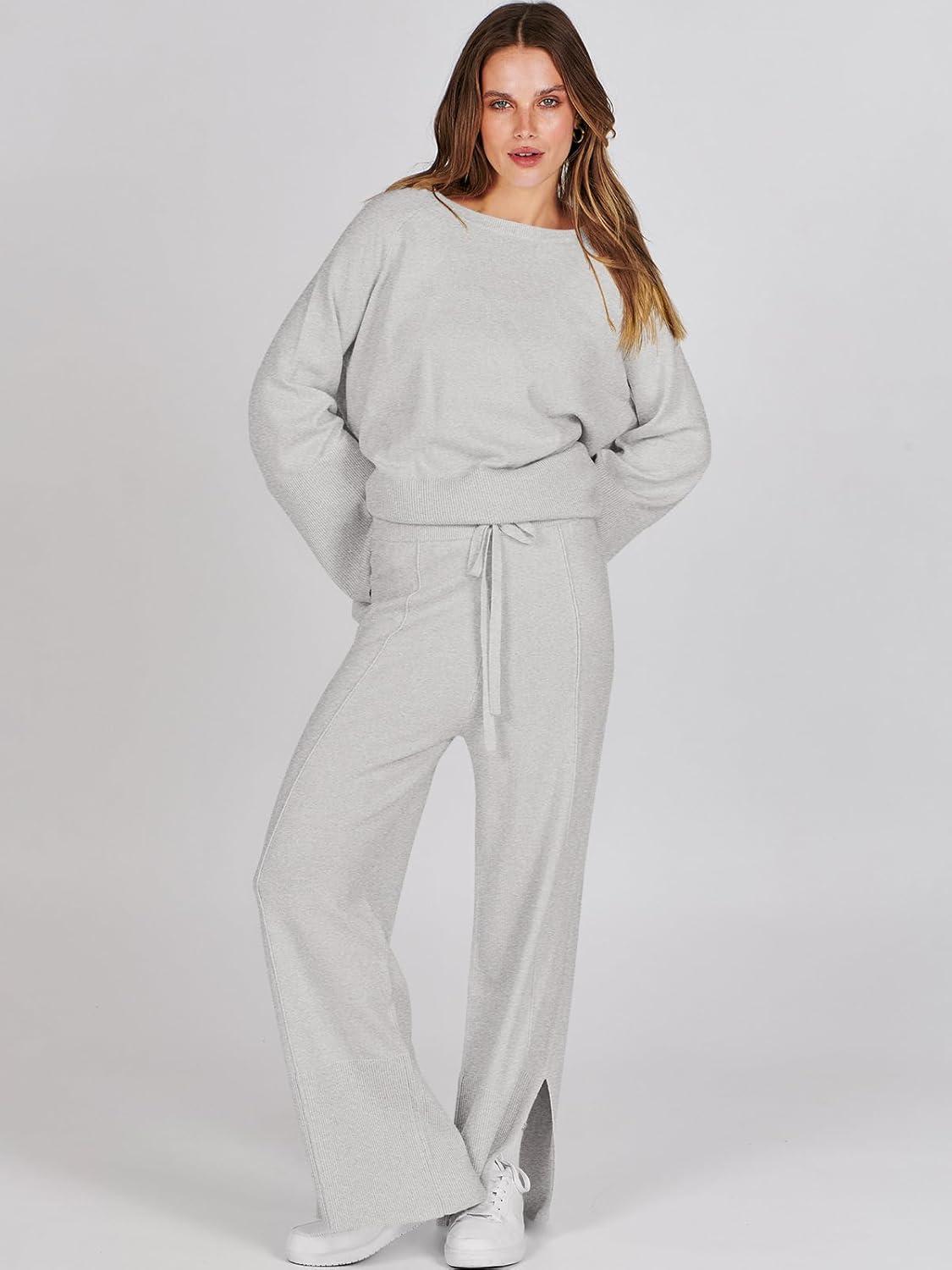 imageANRABESS Womens 2 Piece Outfits Oversized Knit Sweater Set Wide Leg Pant Cozy Lounge Matching Pajama Sets 2025 Trendy ClothesSmoky Gray