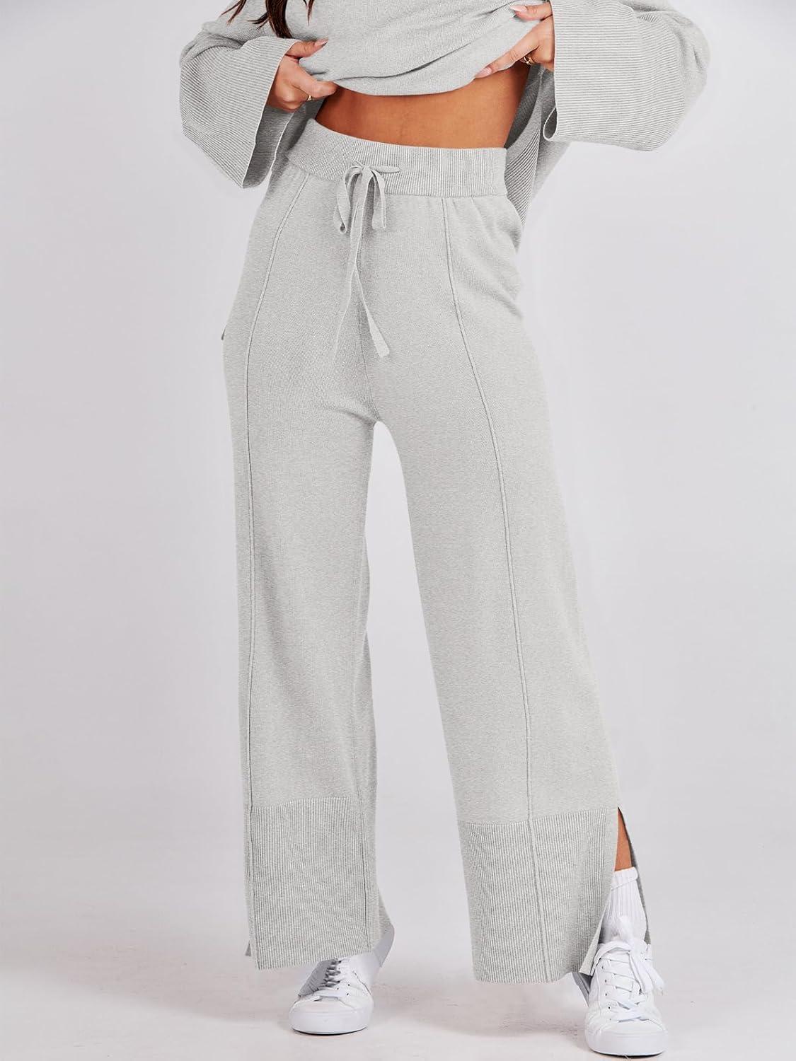 imageANRABESS Womens 2 Piece Outfits Oversized Knit Sweater Set Wide Leg Pant Cozy Lounge Matching Pajama Sets 2025 Trendy ClothesSmoky Gray