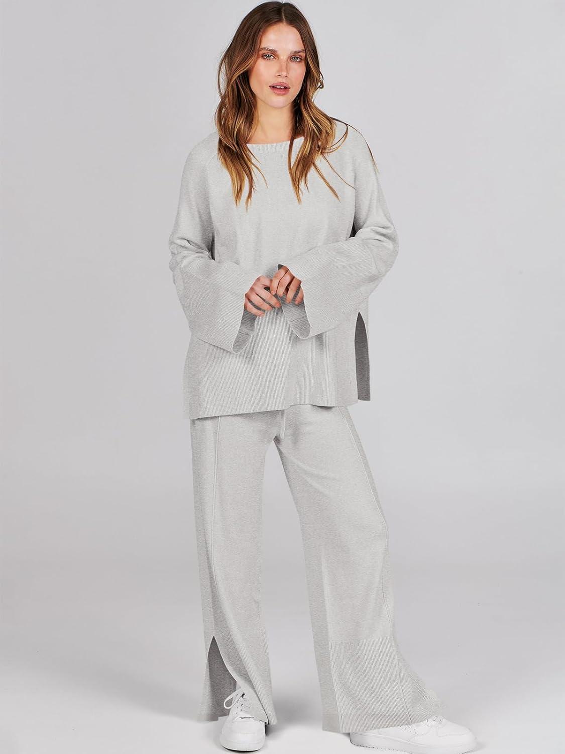 imageANRABESS Womens 2 Piece Outfits Oversized Knit Sweater Set Wide Leg Pant Cozy Lounge Matching Pajama Sets 2025 Trendy ClothesSmoky Gray