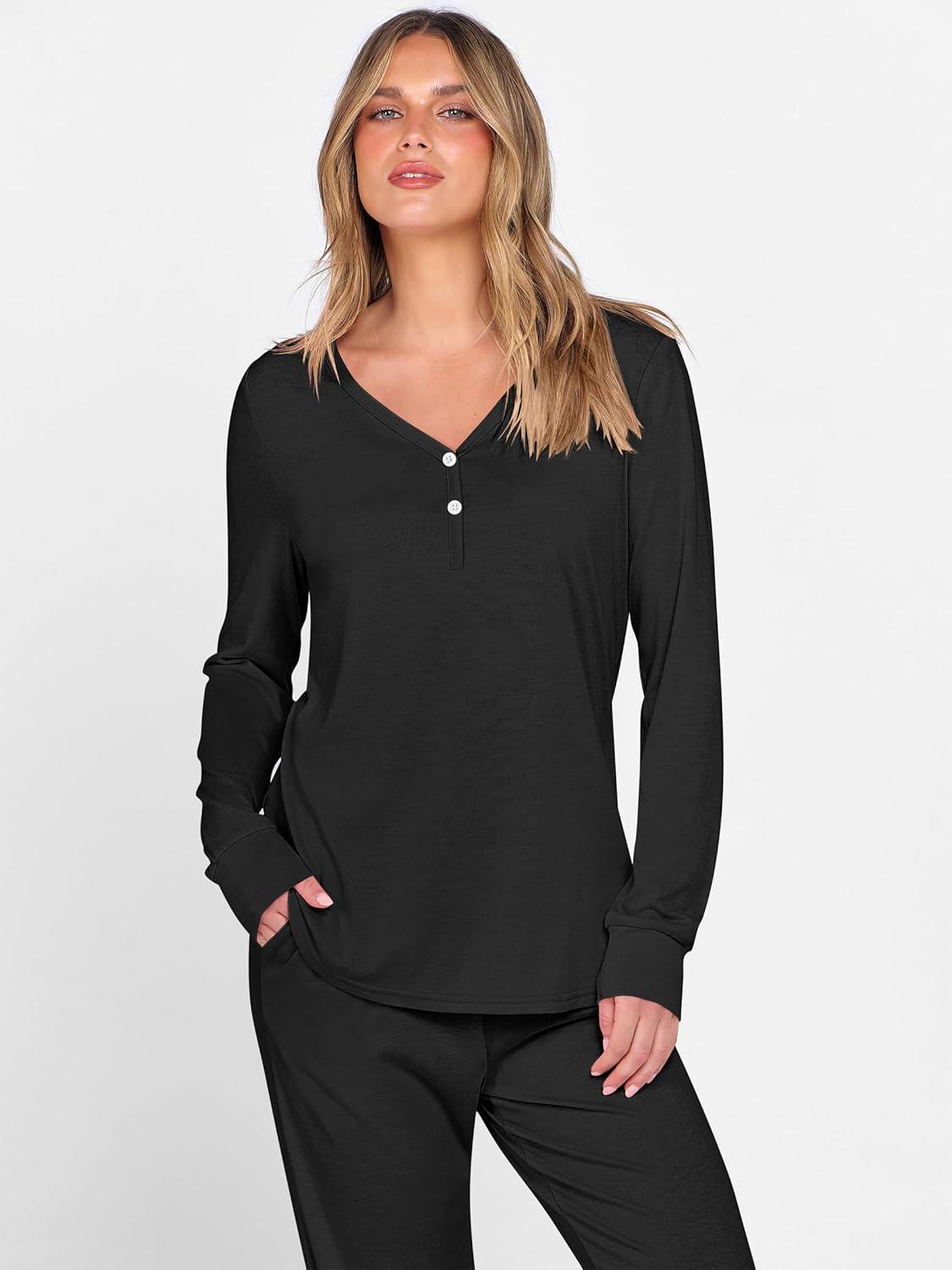 imageANRABESS Womens 2 Piece Outfits Pajama Sets Long Sleeve Henley Tops Sweatpants Matching Lounge Set 2025 Fall Pj SleepwearBlack