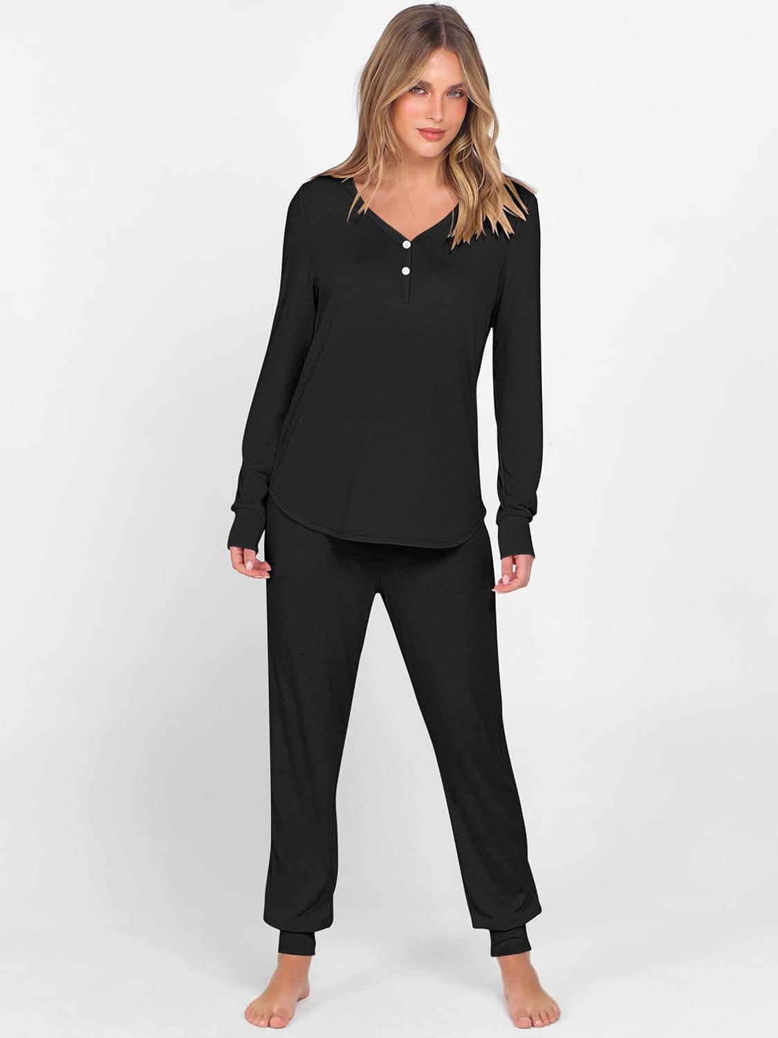 imageANRABESS Womens 2 Piece Outfits Pajama Sets Long Sleeve Henley Tops Sweatpants Matching Lounge Set 2025 Fall Pj SleepwearBlack