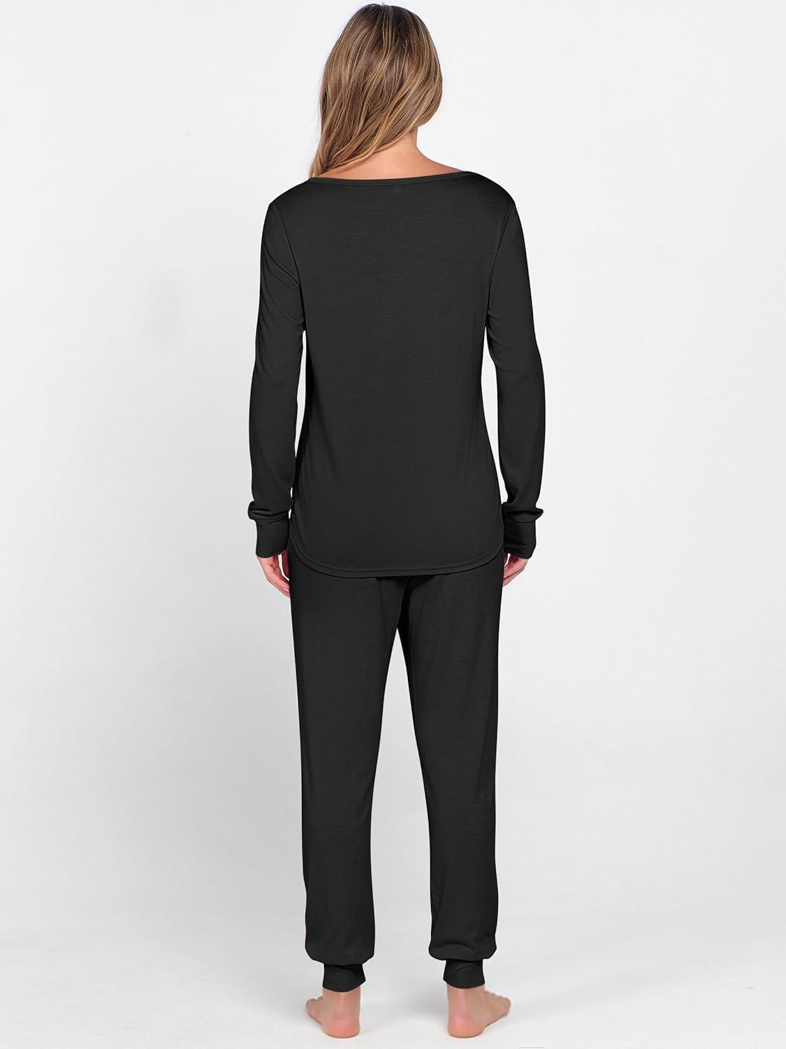 imageANRABESS Womens 2 Piece Outfits Pajama Sets Long Sleeve Henley Tops Sweatpants Matching Lounge Set 2025 Fall Pj SleepwearBlack