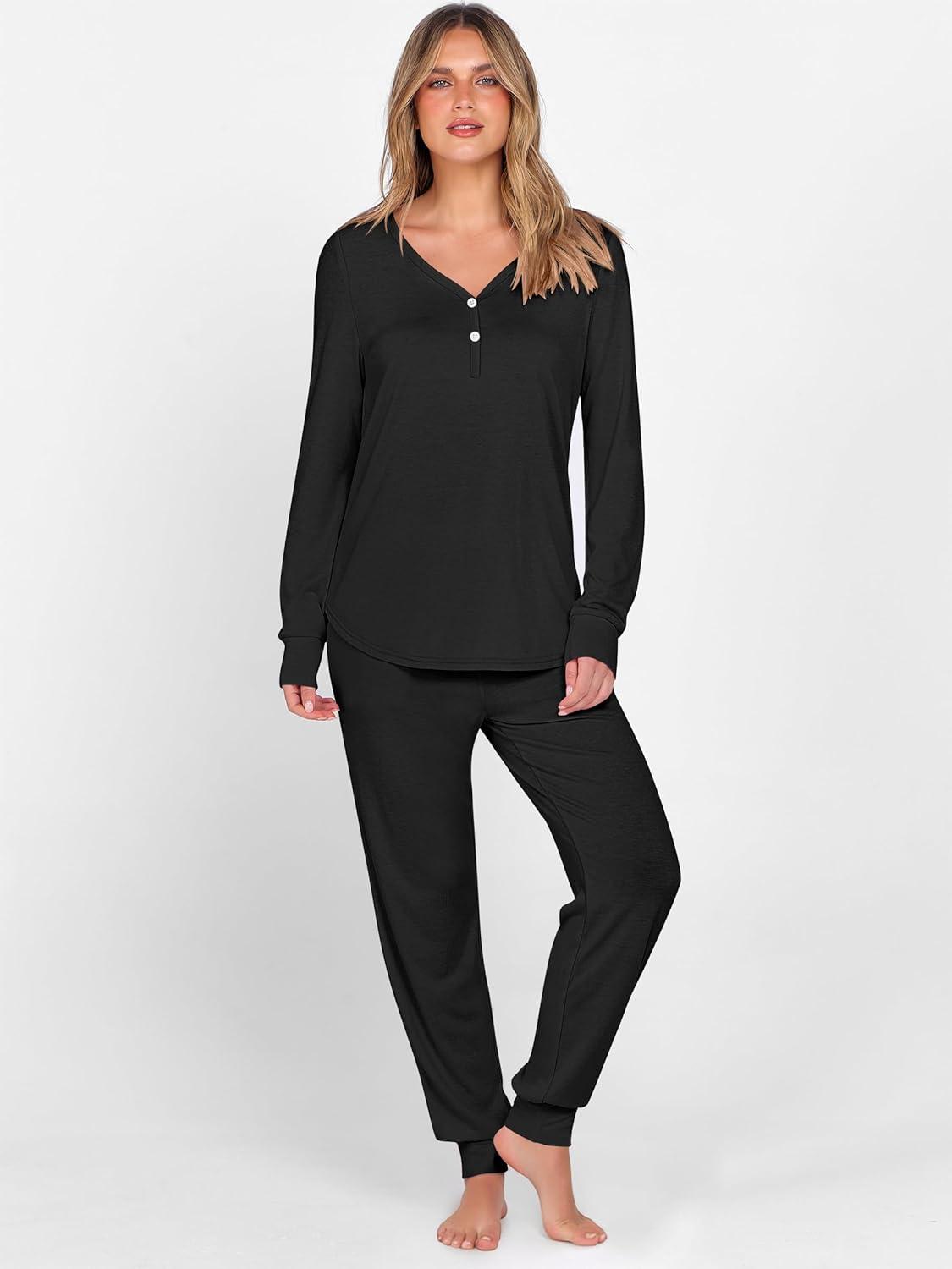 imageANRABESS Womens 2 Piece Outfits Pajama Sets Long Sleeve Henley Tops Sweatpants Matching Lounge Set 2025 Fall Pj SleepwearBlack