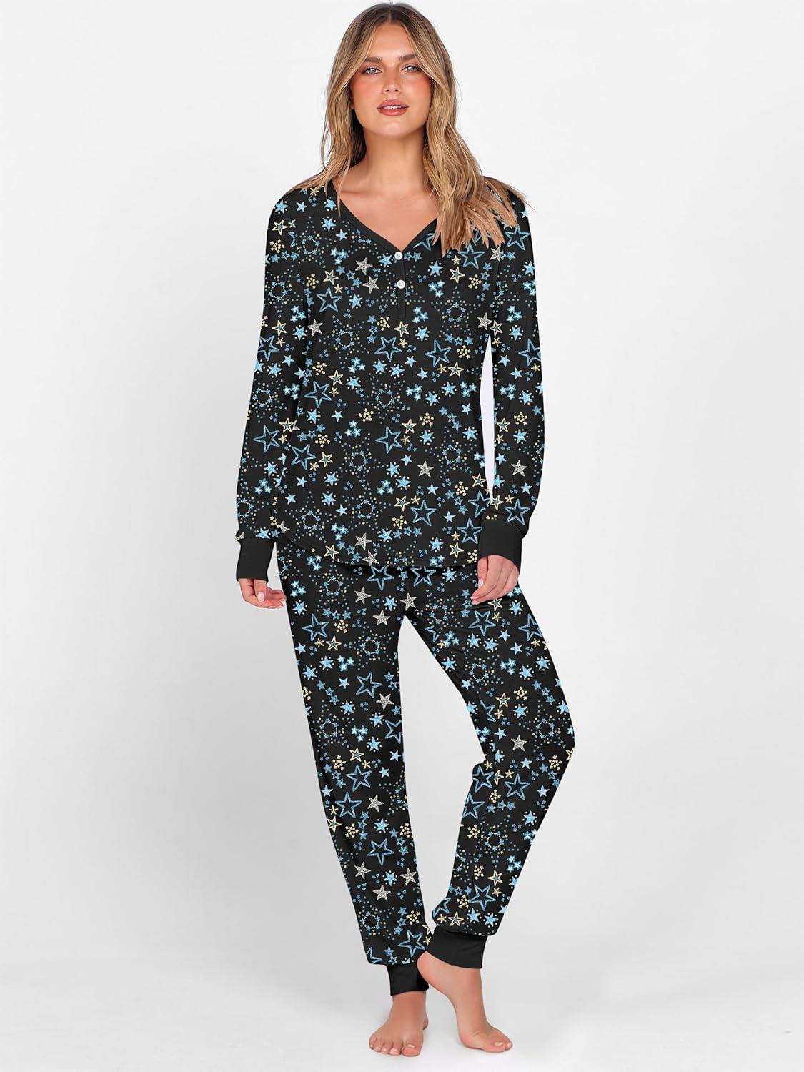 imageANRABESS Womens 2 Piece Outfits Pajama Sets Long Sleeve Henley Tops Sweatpants Matching Lounge Set 2025 Fall Pj SleepwearBlue White Floral