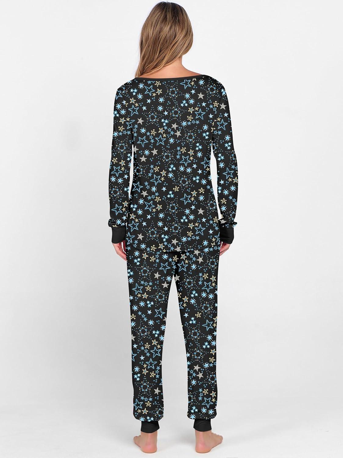 imageANRABESS Womens 2 Piece Outfits Pajama Sets Long Sleeve Henley Tops Sweatpants Matching Lounge Set 2025 Fall Pj SleepwearBlue White Floral