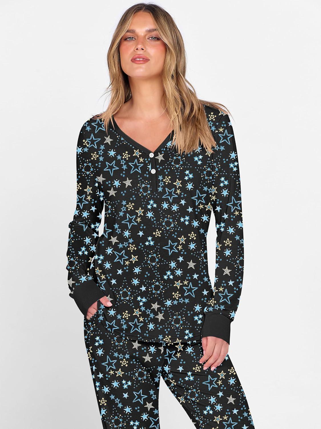 imageANRABESS Womens 2 Piece Outfits Pajama Sets Long Sleeve Henley Tops Sweatpants Matching Lounge Set 2025 Fall Pj SleepwearBlue White Floral