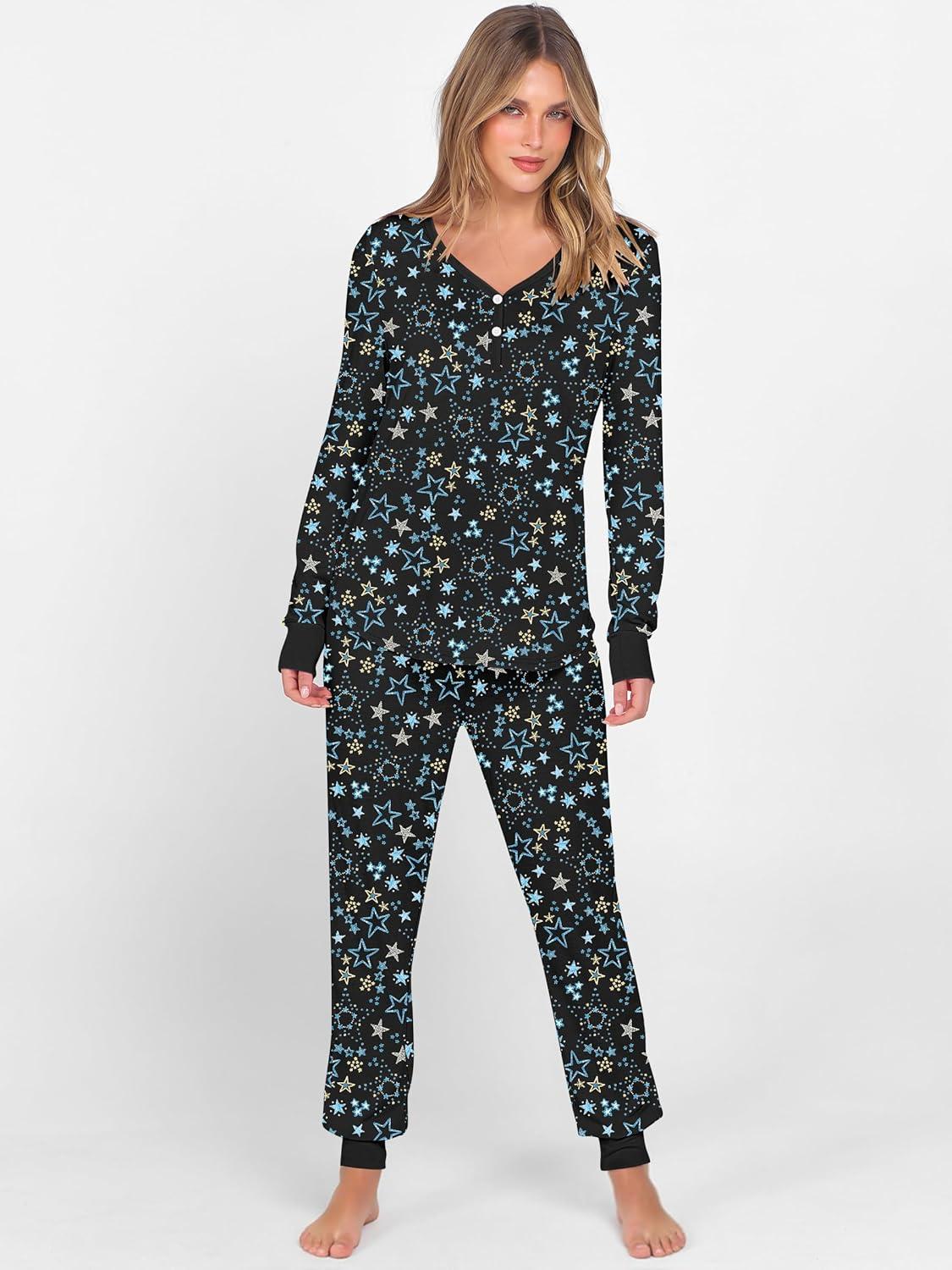 imageANRABESS Womens 2 Piece Outfits Pajama Sets Long Sleeve Henley Tops Sweatpants Matching Lounge Set 2025 Fall Pj SleepwearBlue White Floral