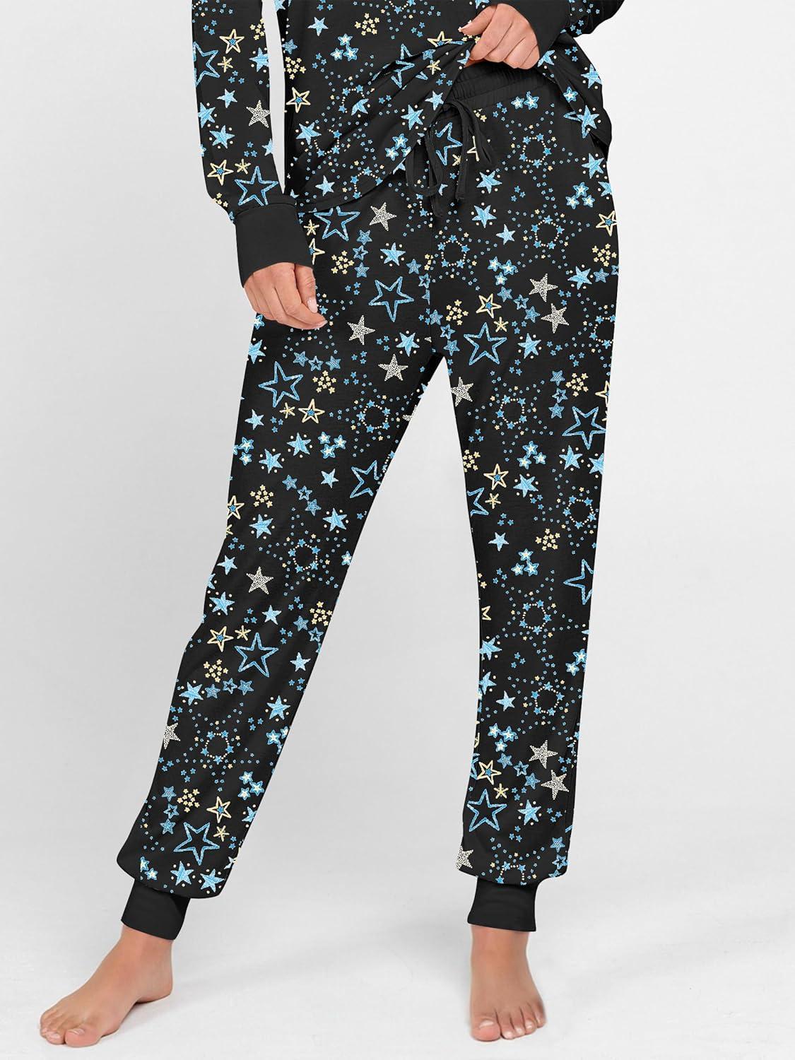 imageANRABESS Womens 2 Piece Outfits Pajama Sets Long Sleeve Henley Tops Sweatpants Matching Lounge Set 2025 Fall Pj SleepwearBlue White Floral