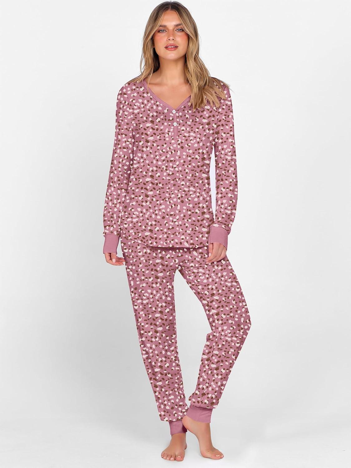 imageANRABESS Womens 2 Piece Outfits Pajama Sets Long Sleeve Henley Tops Sweatpants Matching Lounge Set 2025 Fall Pj SleepwearPink Dot Floral