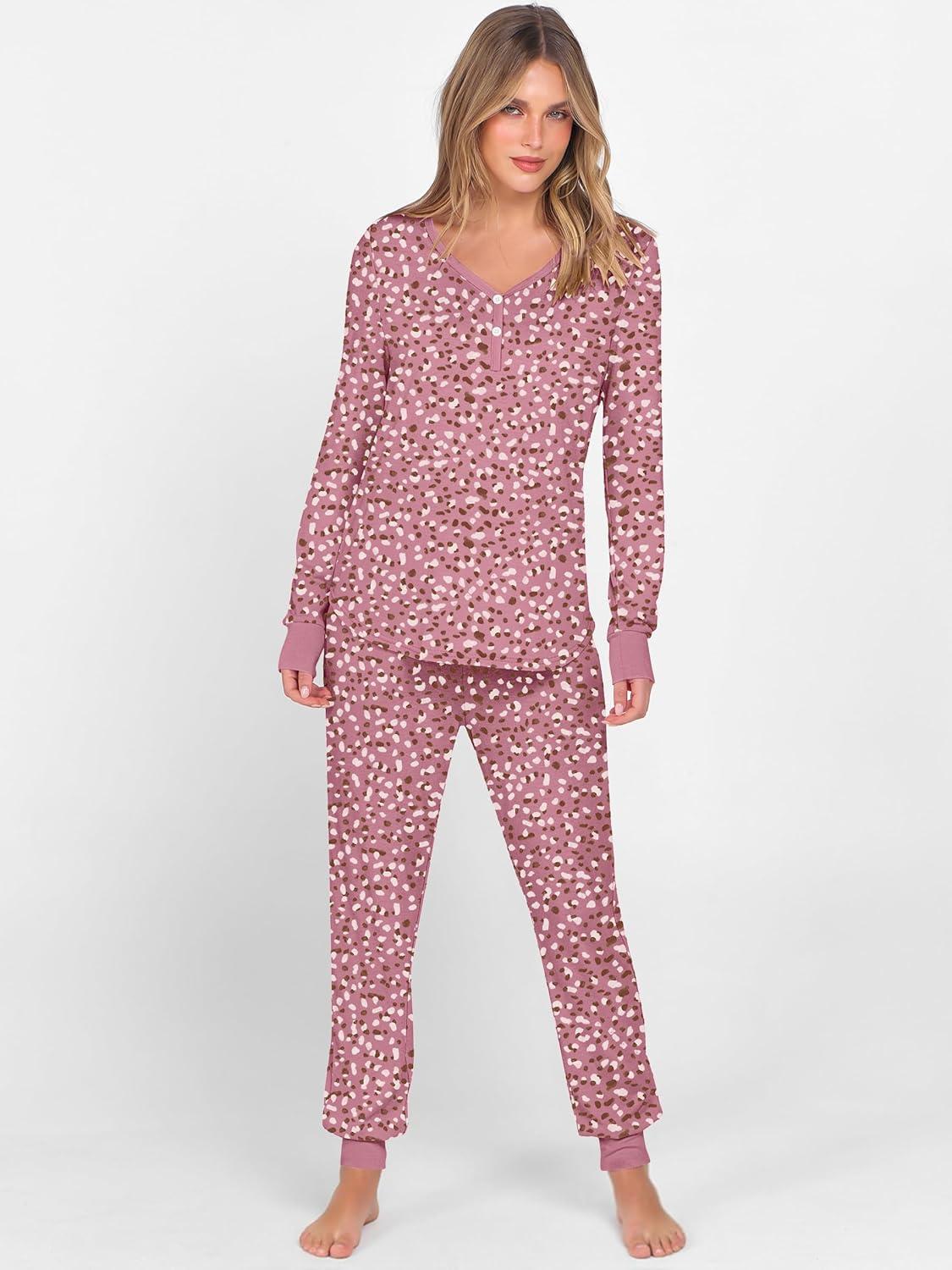 imageANRABESS Womens 2 Piece Outfits Pajama Sets Long Sleeve Henley Tops Sweatpants Matching Lounge Set 2025 Fall Pj SleepwearPink Dot Floral