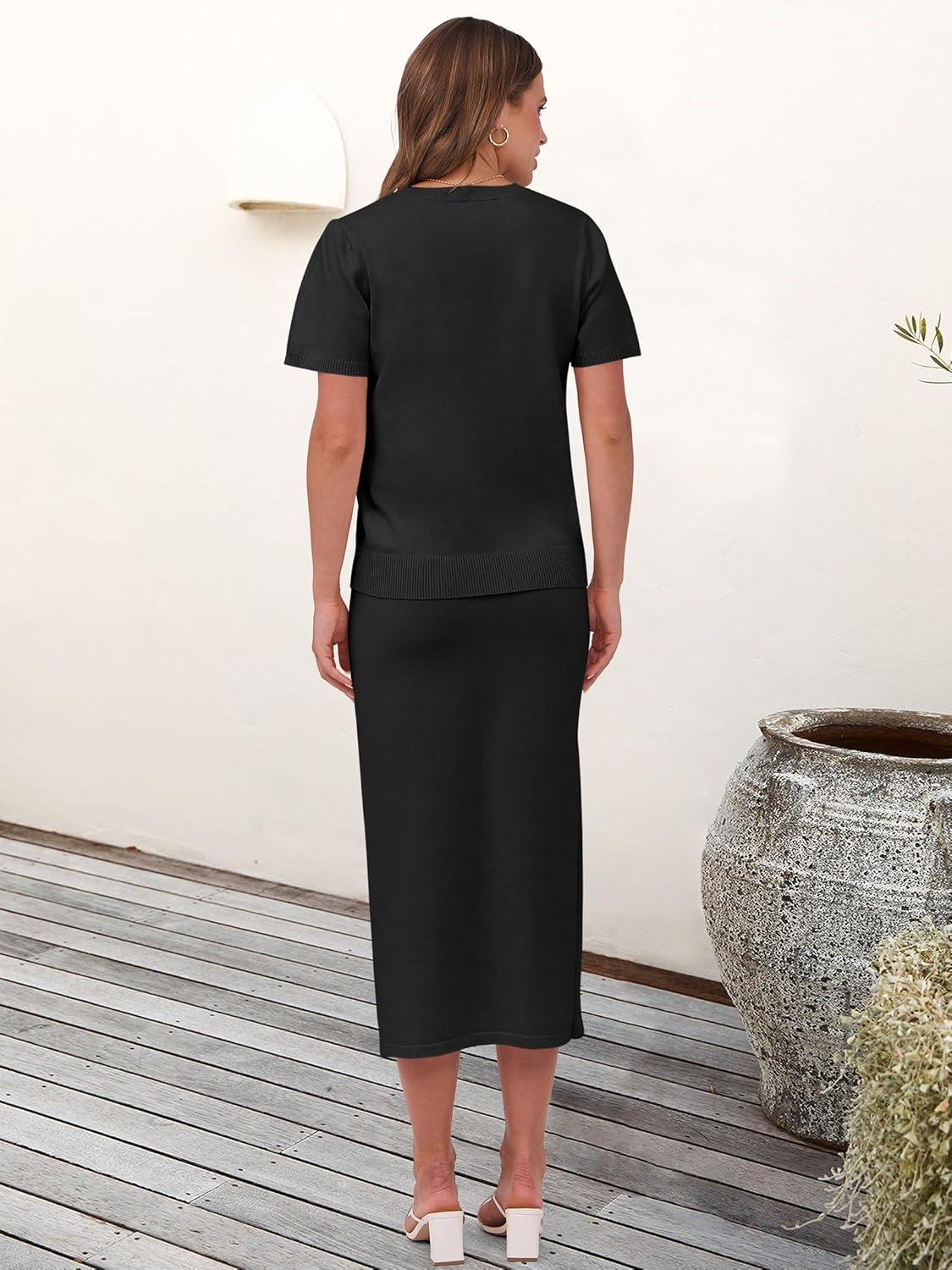 imageANRABESS Womens 2 Piece Outfits Striped Sweater Skirt Sets 2025 Summer Casual Short Sleeve Pullover Tops Travel Midi DressBlack