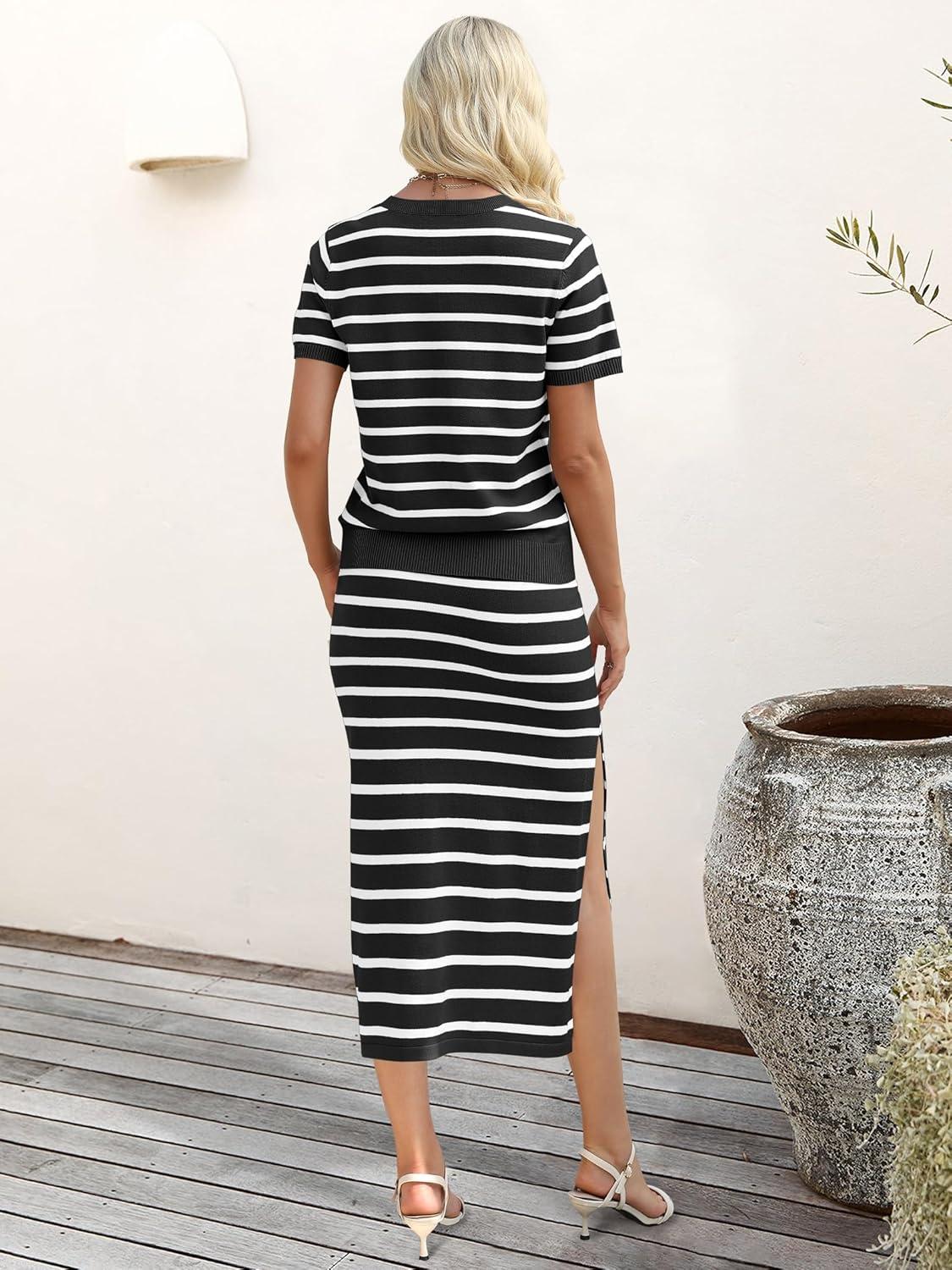 imageANRABESS Womens 2 Piece Outfits Striped Sweater Skirt Sets 2025 Summer Casual Short Sleeve Pullover Tops Travel Midi DressBlack White