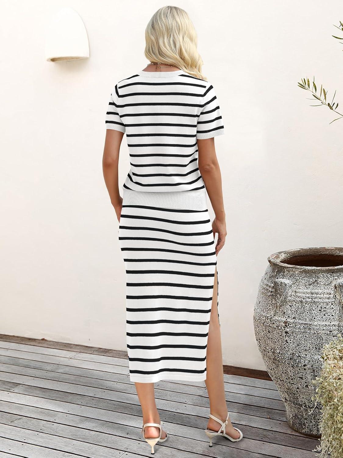 imageANRABESS Womens 2 Piece Outfits Striped Sweater Skirt Sets 2025 Summer Casual Short Sleeve Pullover Tops Travel Midi DressWhite Black