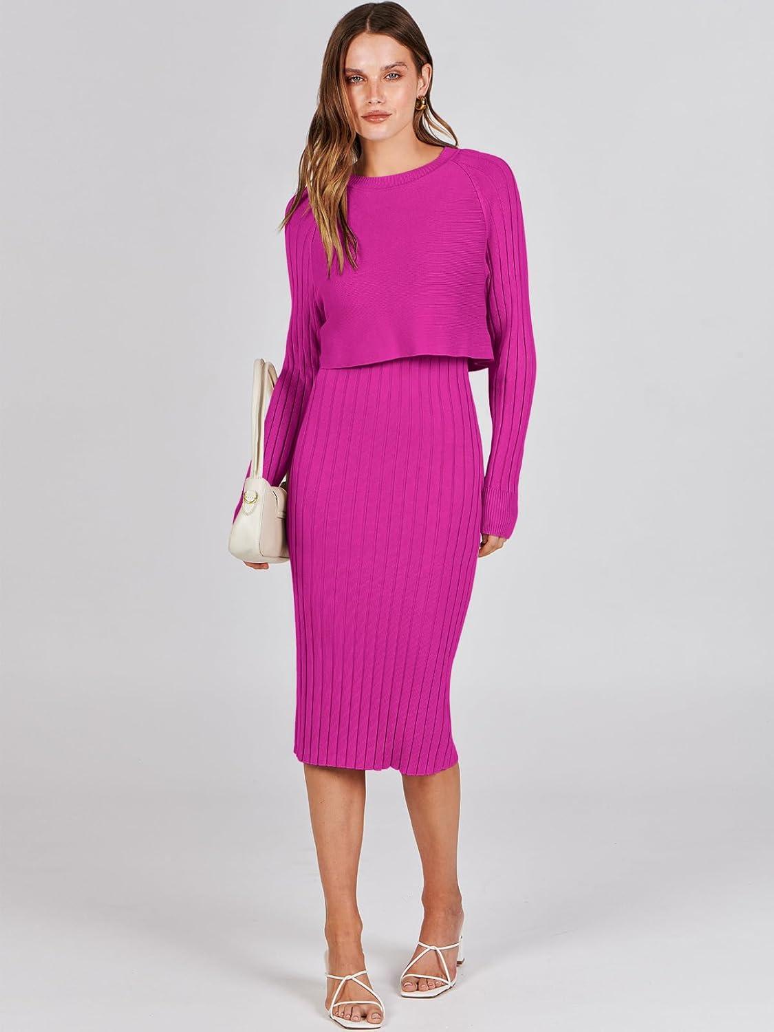 imageANRABESS Womens 2 Piece Outfits Sweater Dresses Set Midi Skirt Sets Long Sleeve Crop Top Bodycon Ribbed Knit Dress 2025 FallHot Pink