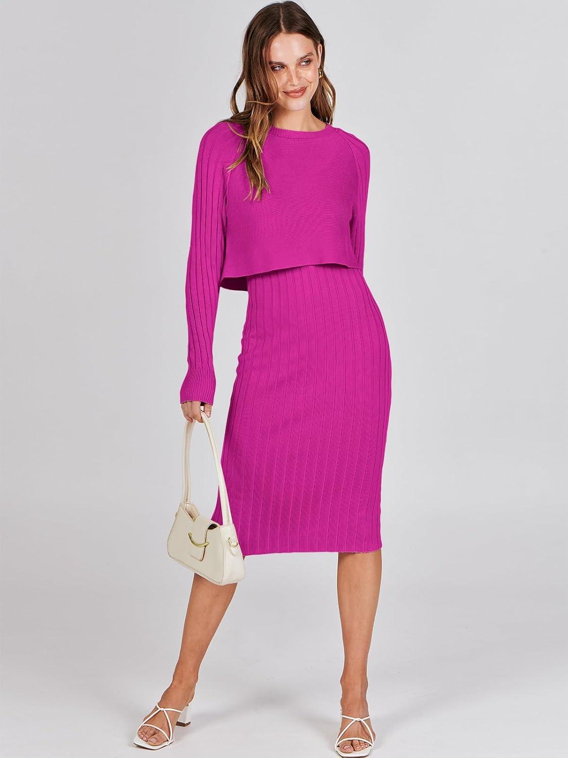 imageANRABESS Womens 2 Piece Outfits Sweater Dresses Set Midi Skirt Sets Long Sleeve Crop Top Bodycon Ribbed Knit Dress 2025 FallHot Pink