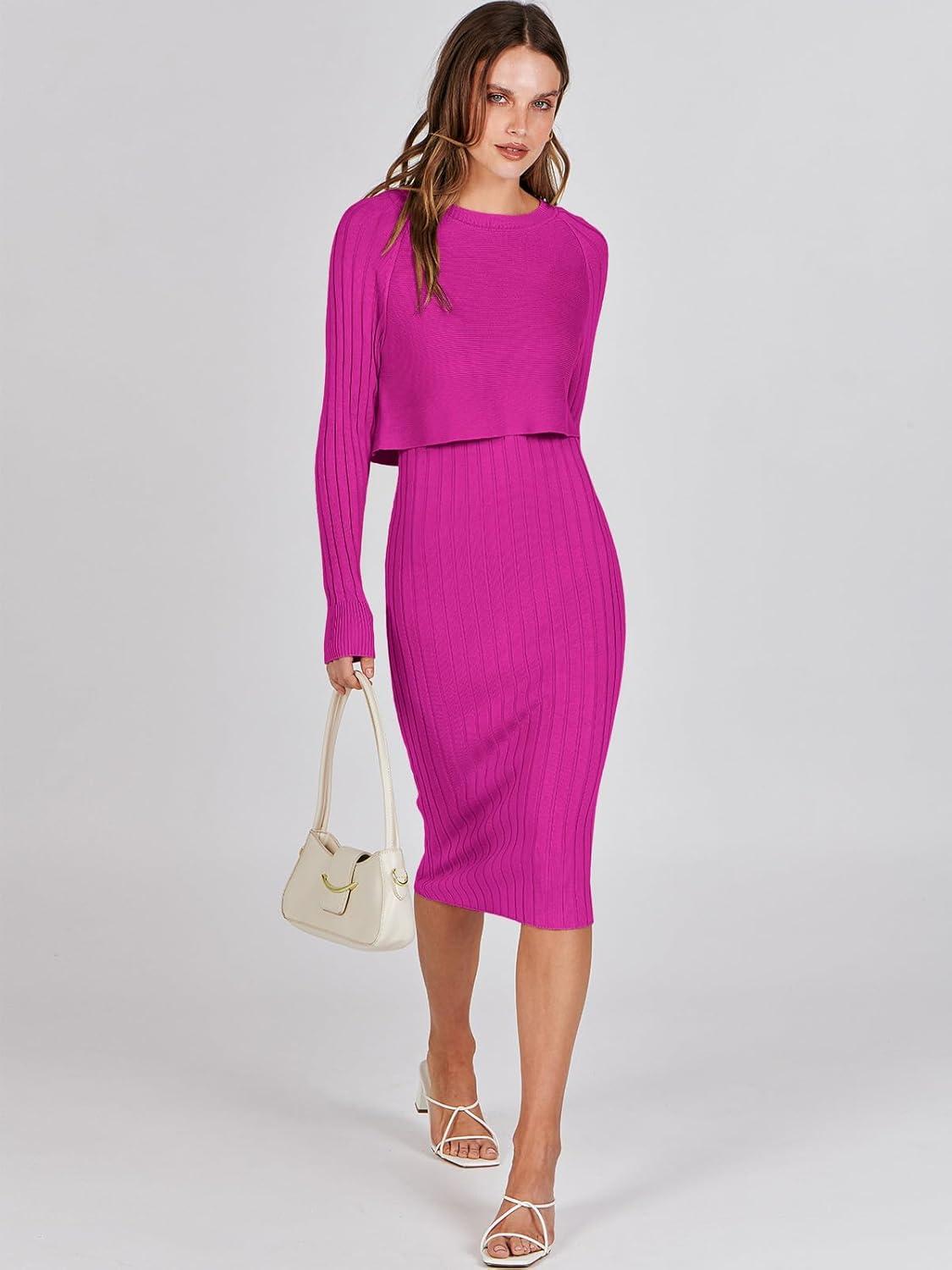 imageANRABESS Womens 2 Piece Outfits Sweater Dresses Set Midi Skirt Sets Long Sleeve Crop Top Bodycon Ribbed Knit Dress 2025 FallHot Pink