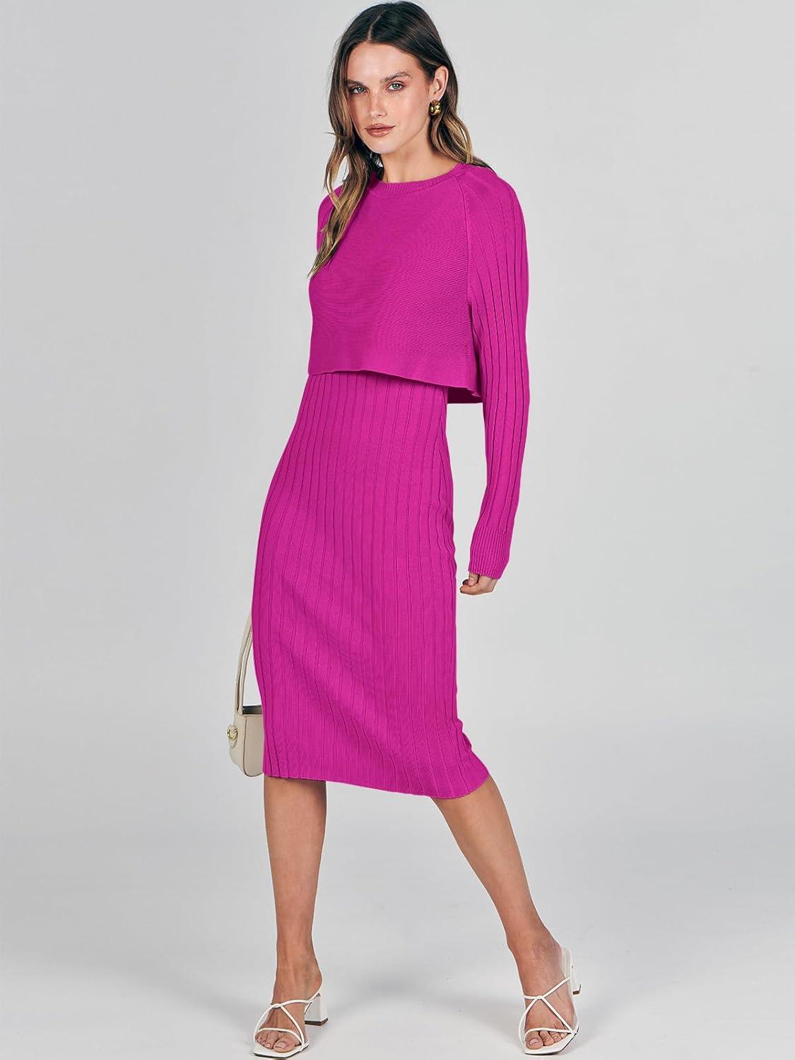 imageANRABESS Womens 2 Piece Outfits Sweater Dresses Set Midi Skirt Sets Long Sleeve Crop Top Bodycon Ribbed Knit Dress 2025 FallHot Pink