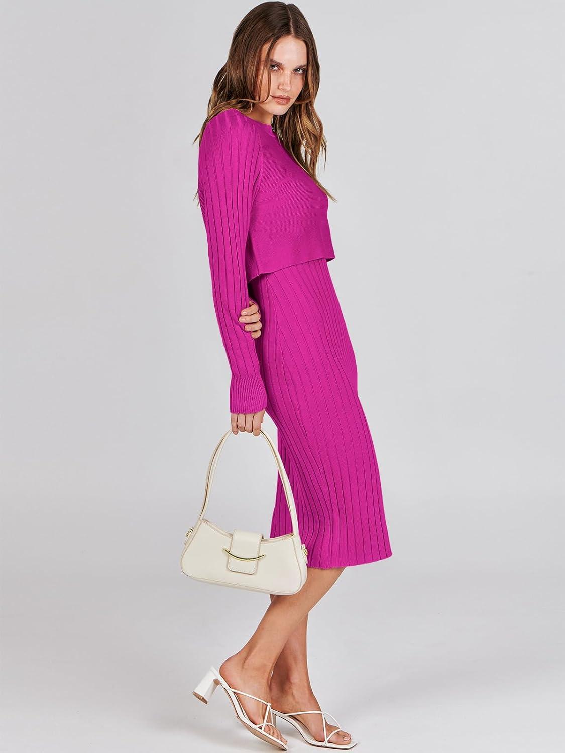 imageANRABESS Womens 2 Piece Outfits Sweater Dresses Set Midi Skirt Sets Long Sleeve Crop Top Bodycon Ribbed Knit Dress 2025 FallHot Pink