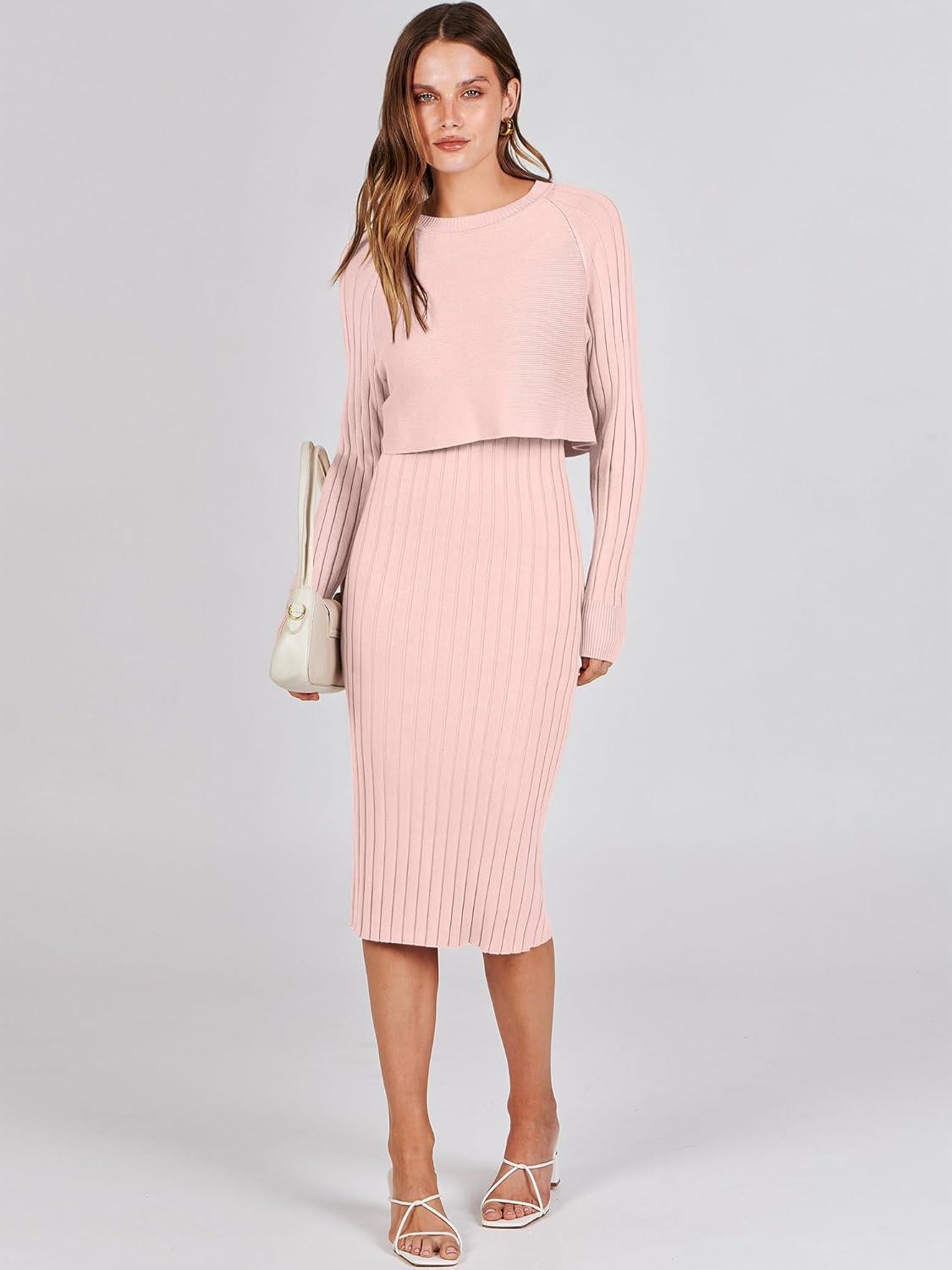 imageANRABESS Womens 2 Piece Outfits Sweater Dresses Set Midi Skirt Sets Long Sleeve Crop Top Bodycon Ribbed Knit Dress 2025 FallPink