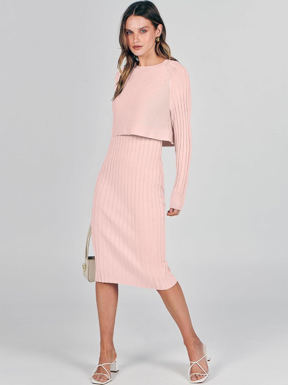 imageANRABESS Womens 2 Piece Outfits Sweater Dresses Set Midi Skirt Sets Long Sleeve Crop Top Bodycon Ribbed Knit Dress 2025 FallPink